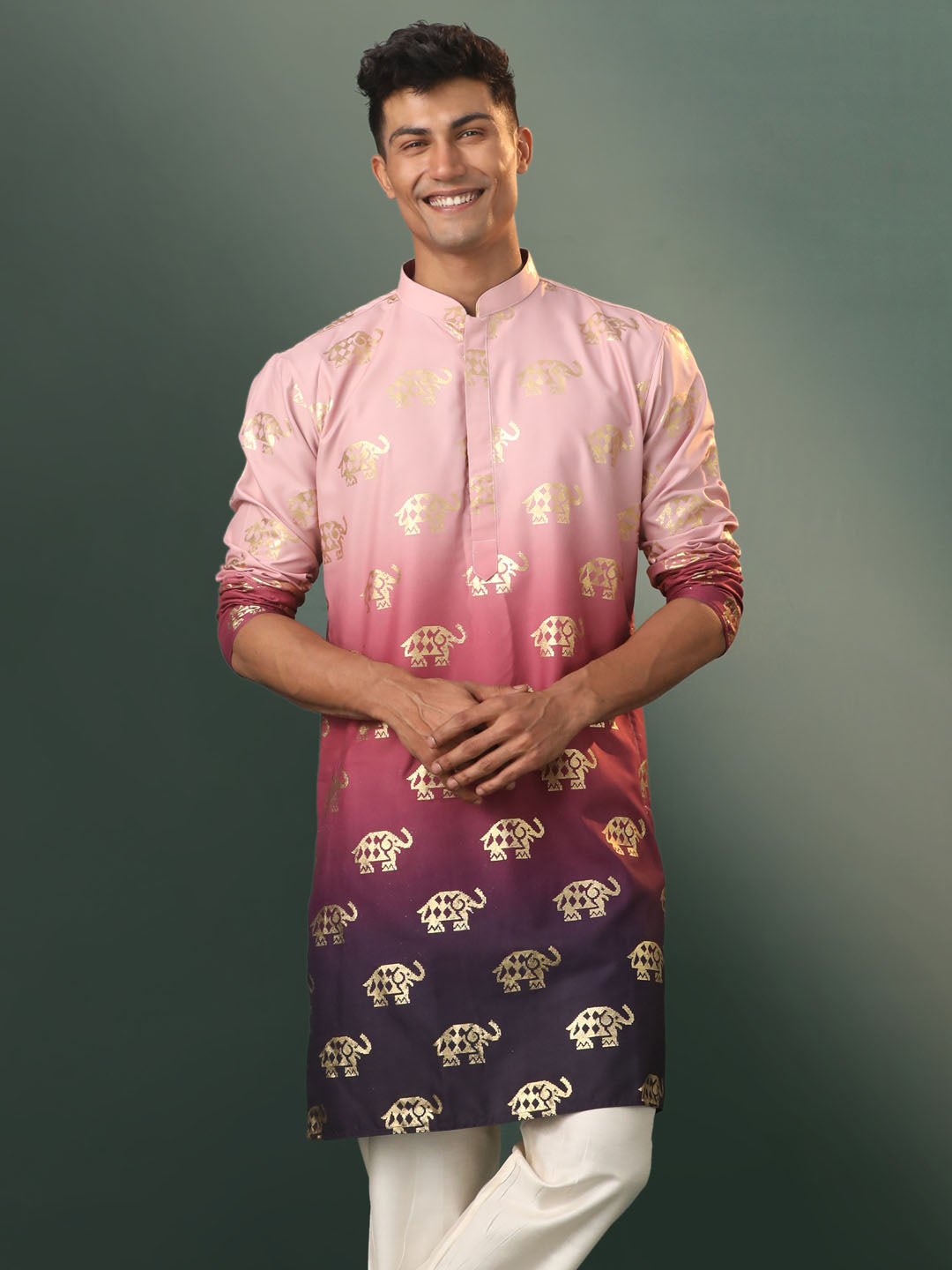 Men's Ombre Elephant Motif Print Cotton Blend Kurta