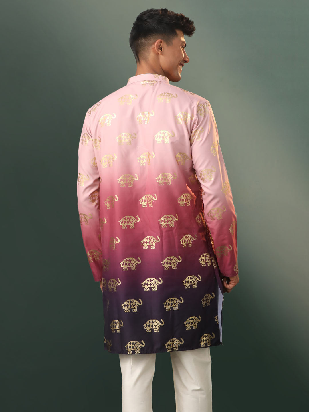 Men's Ombre Elephant Motif Print Cotton Blend Kurta