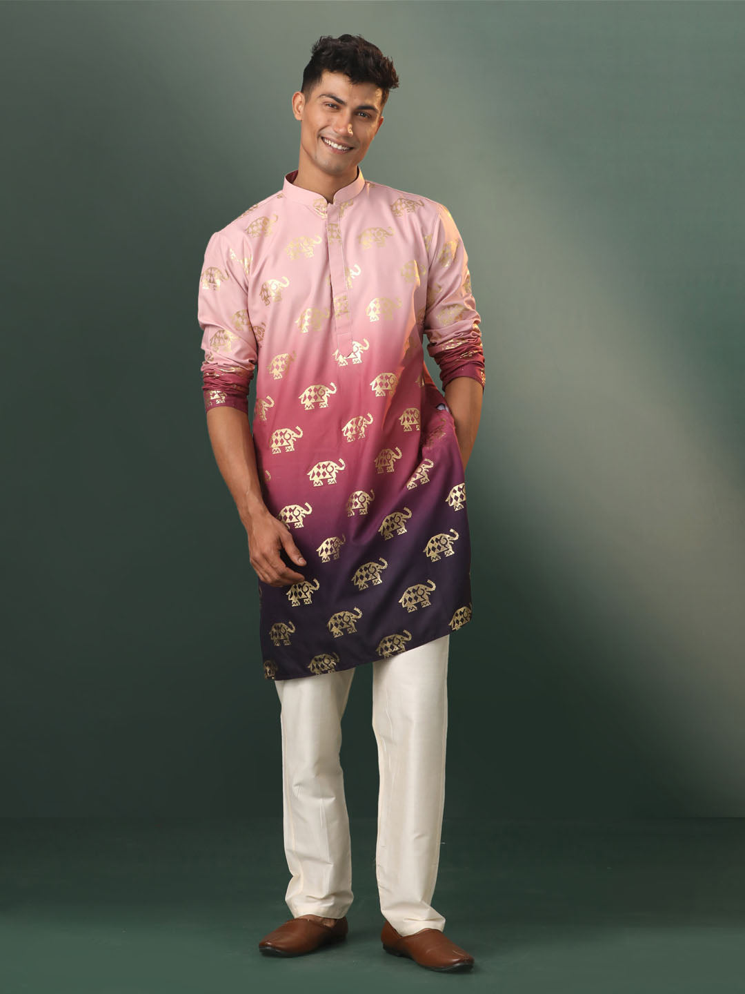 Men's Ombre Elephant Motif Print Cotton Blend Kurta