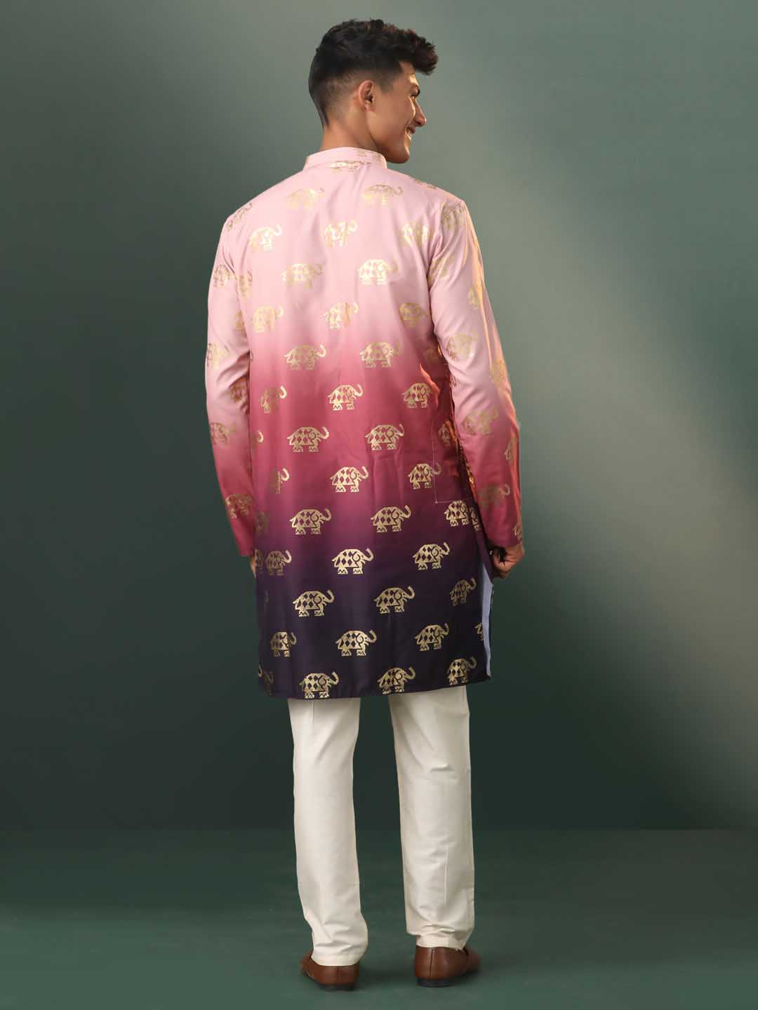 Men's Ombre Elephant Motif Print Cotton Blend Kurta Pyjama Set