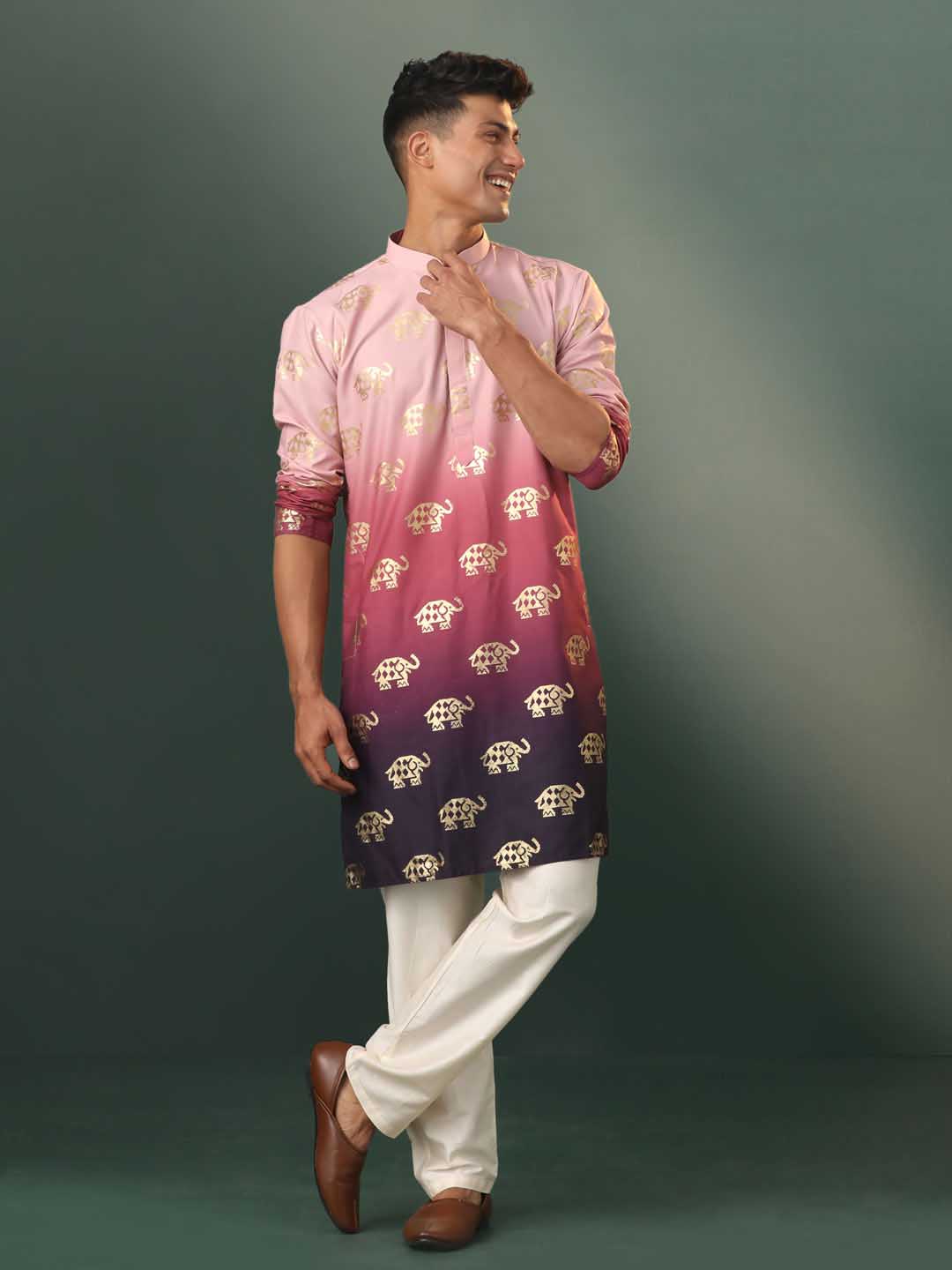 Men's Ombre Elephant Motif Print Cotton Blend Kurta Pyjama Set