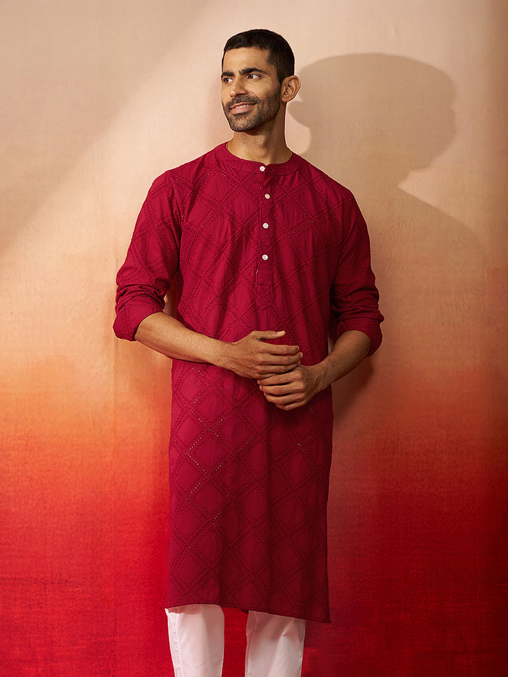Vastramay Men Red Cotton Band Collar Kurta