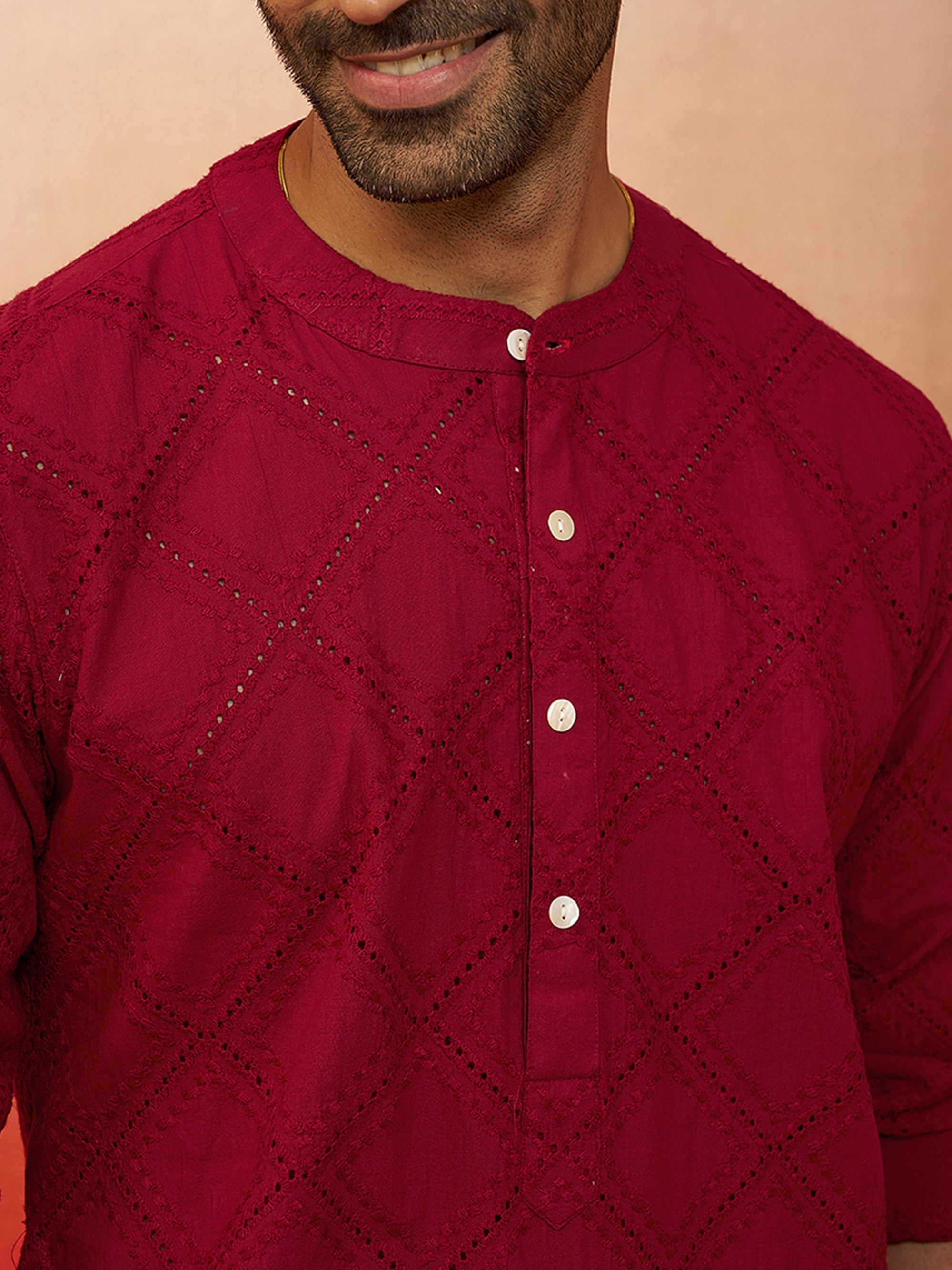 Vastramay Men Red Cotton Band Collar Kurta