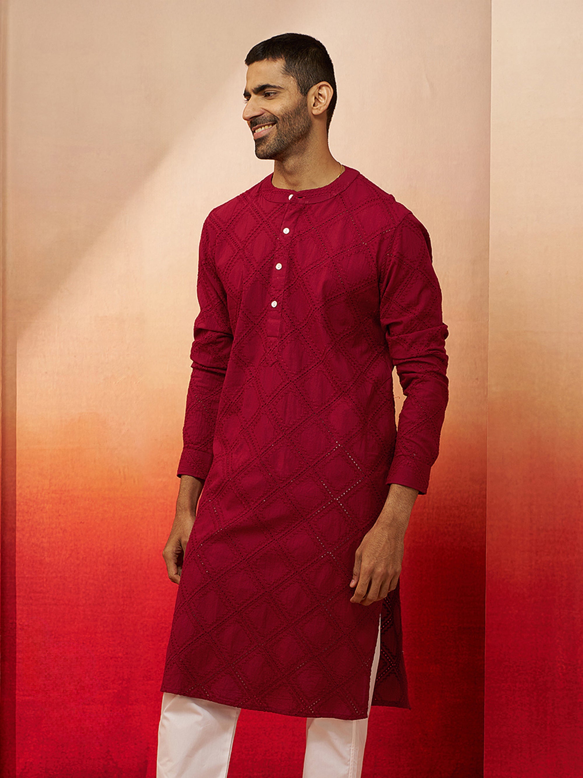 Vastramay Men Red Cotton Band Collar Kurta