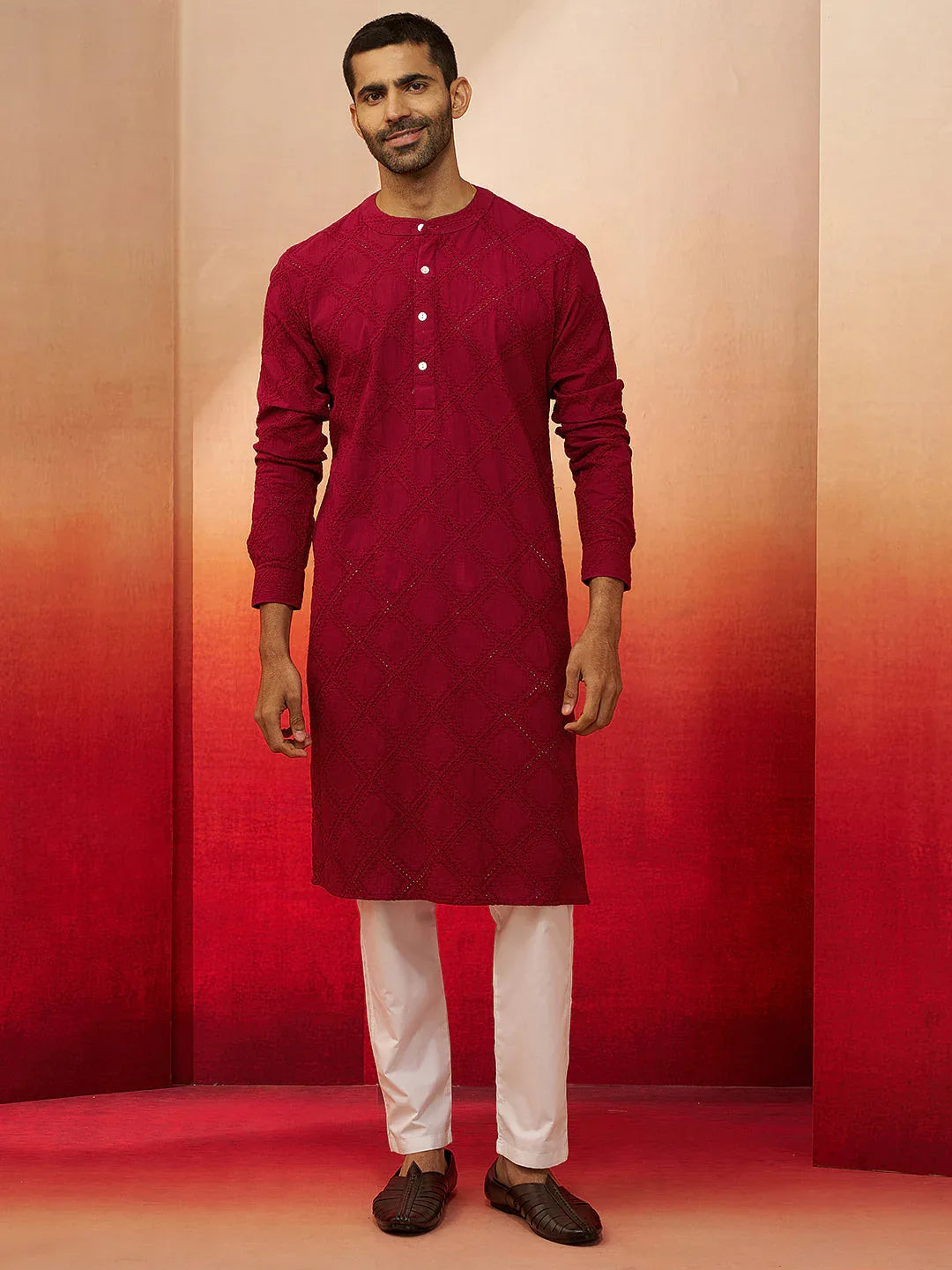 Vastramay Men Red Cotton Band Collar Kurta
