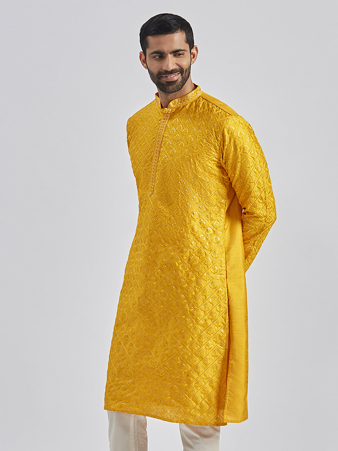 Men's Yellow Silk Blend Kurta