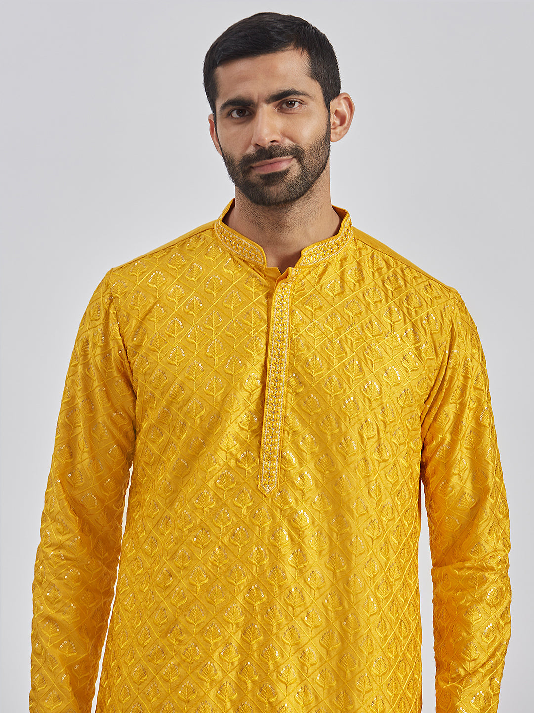 Men's Yellow Silk Blend Kurta
