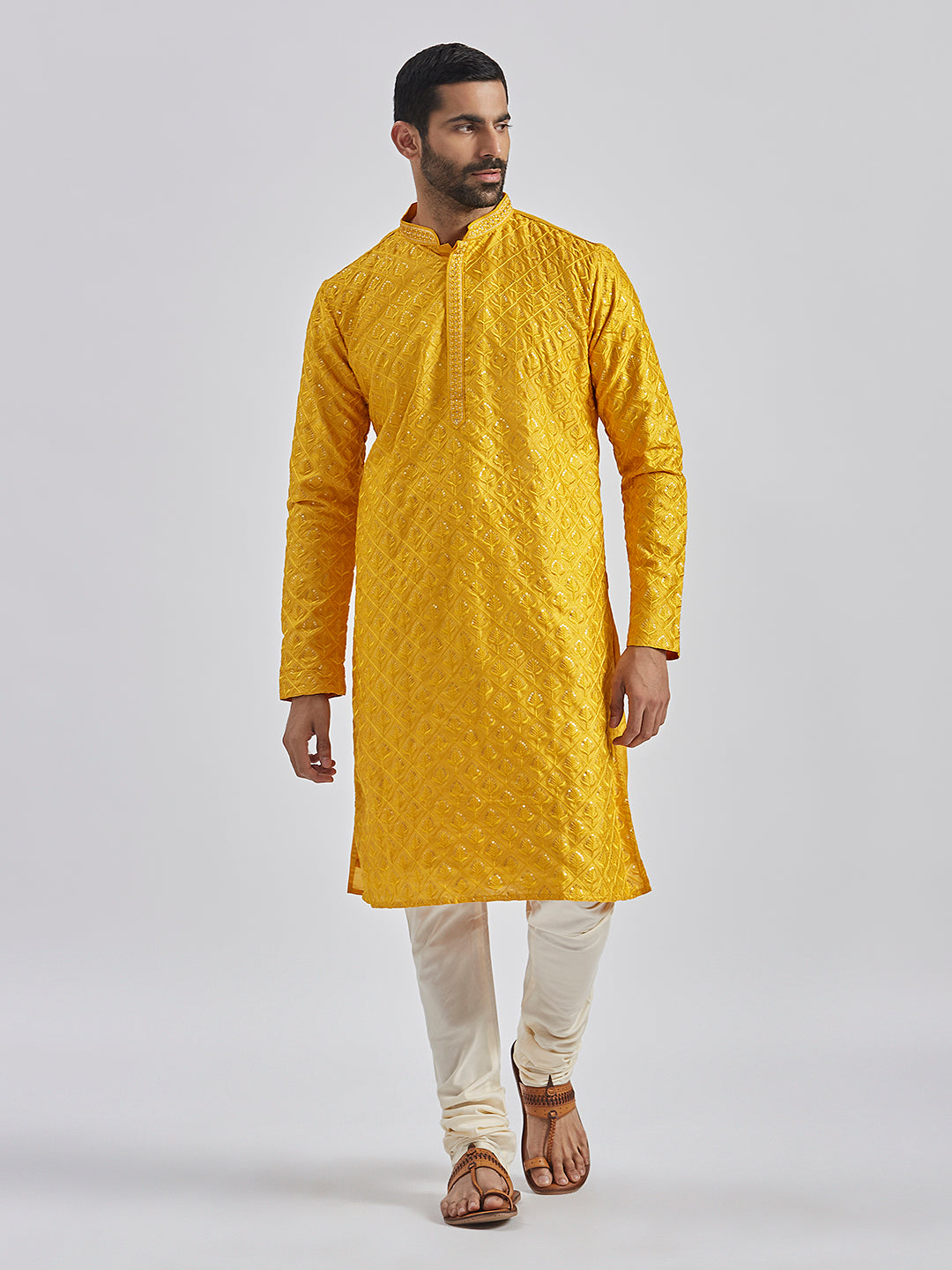 Men's Yellow Silk Blend Kurta