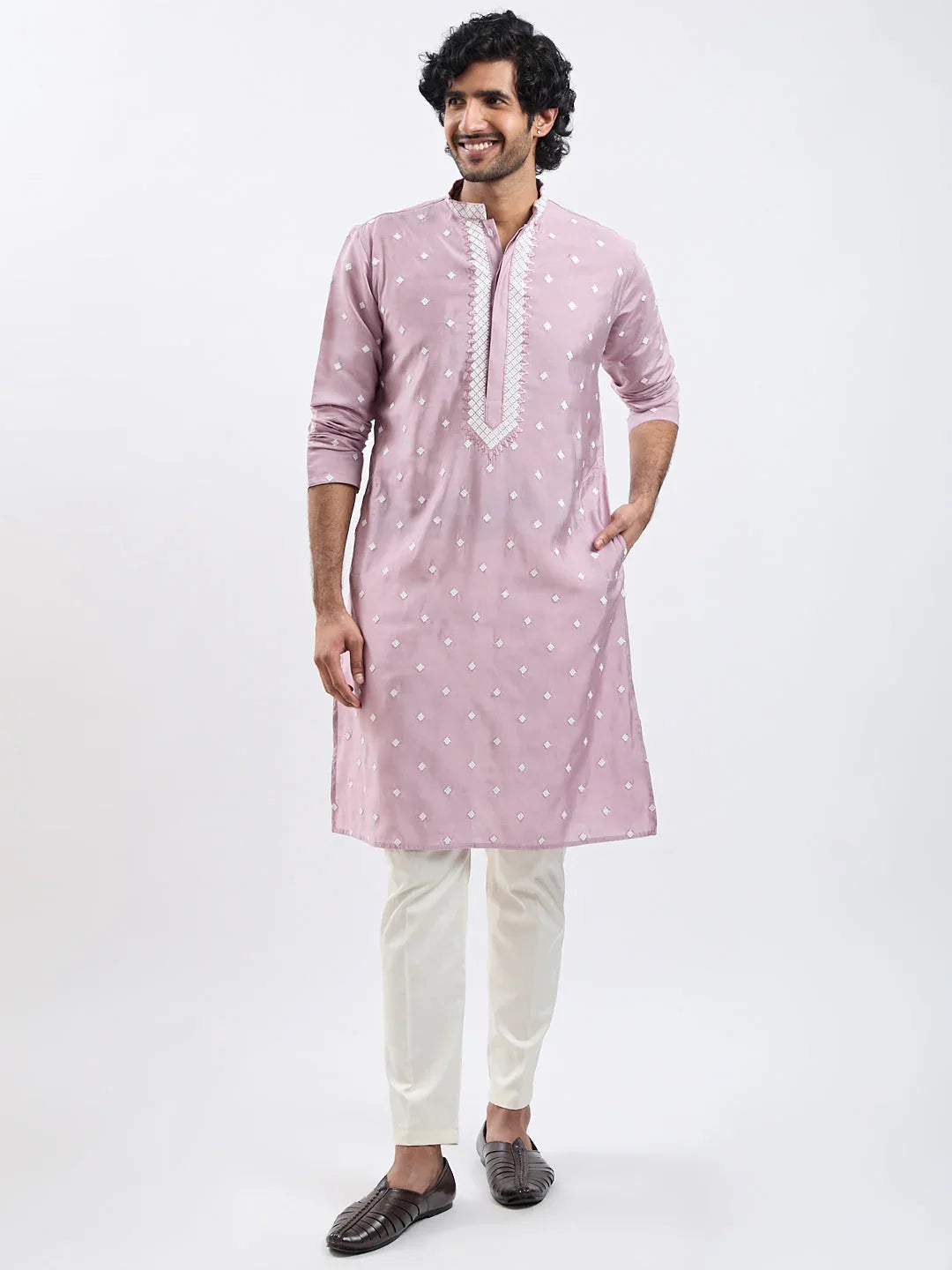 Men's Pink And White Silk Blend Kurta And Pyjama Set