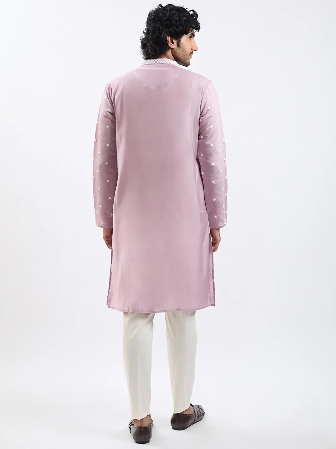 Men's Pink And White Silk Blend Kurta And Pyjama Set
