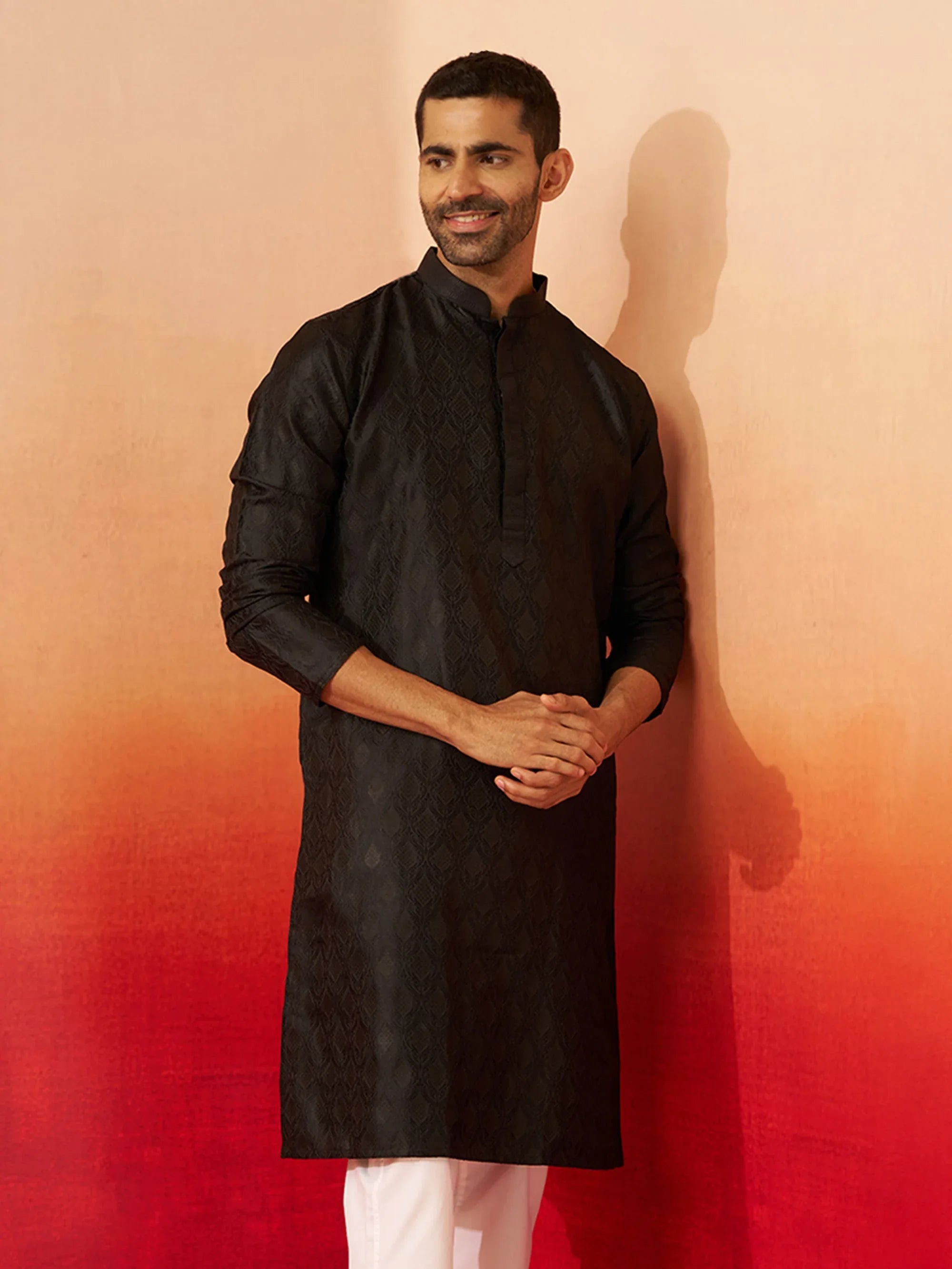Vastramay Men Black Silk Fancy Jacquard Kurta