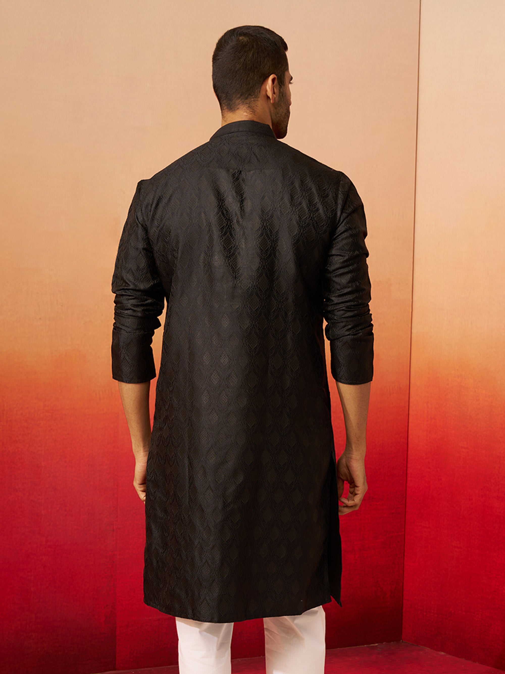 Vastramay Men Black Silk Fancy Jacquard Kurta