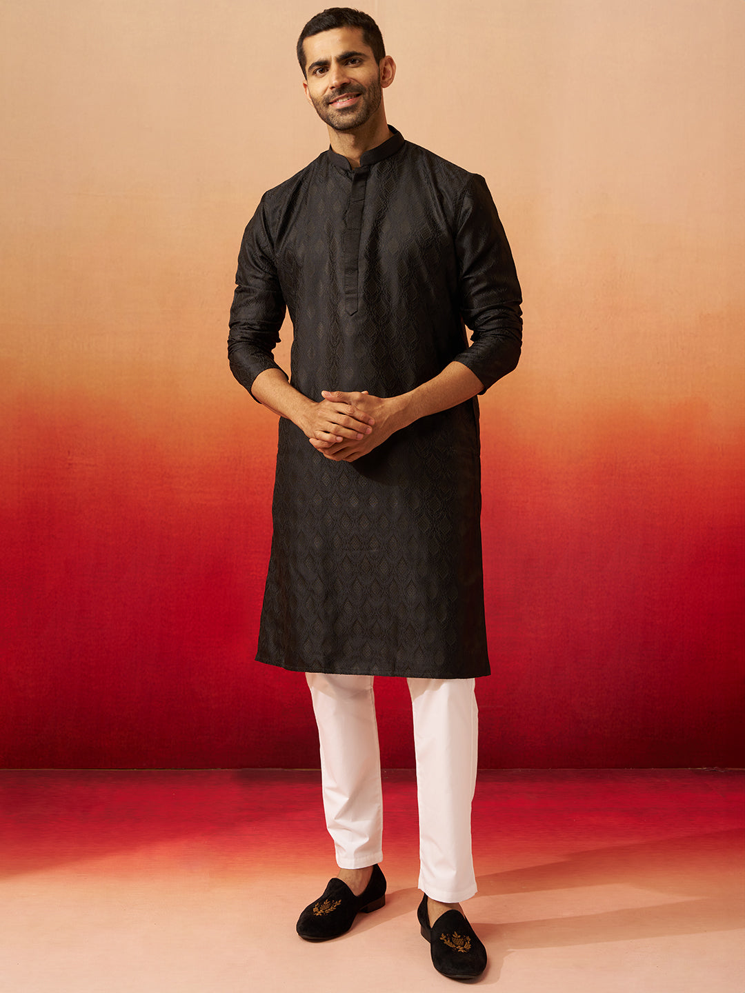 Vastramay Men Black Silk Fancy Jacquard Kurta
