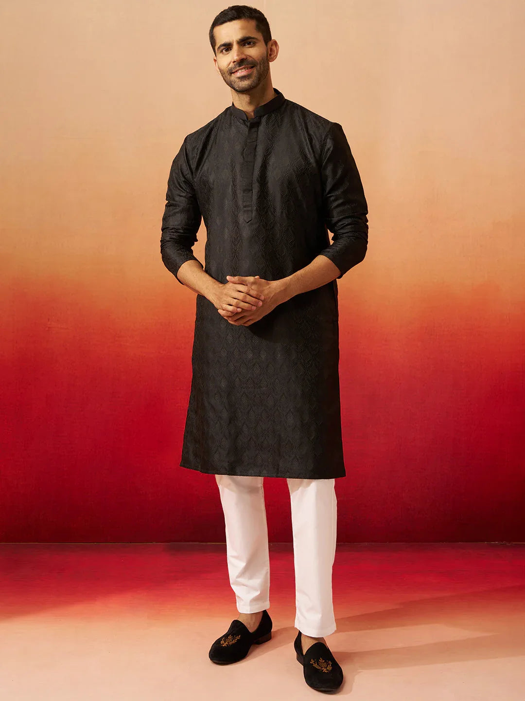 Vastramay Men Black Silk Fancy Jacquard Kurta