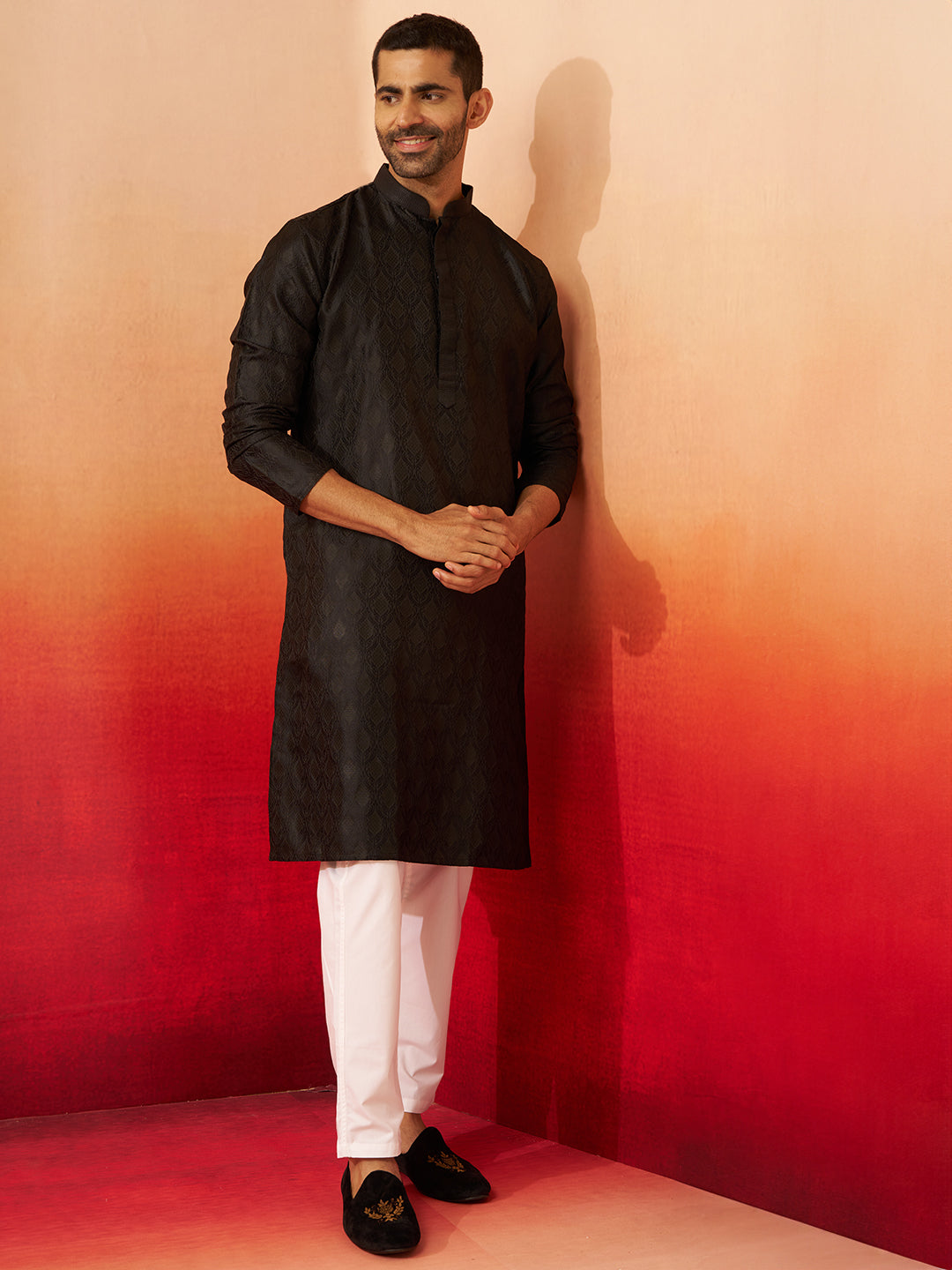 Men's Black Jacquard Kurta with Pyjama