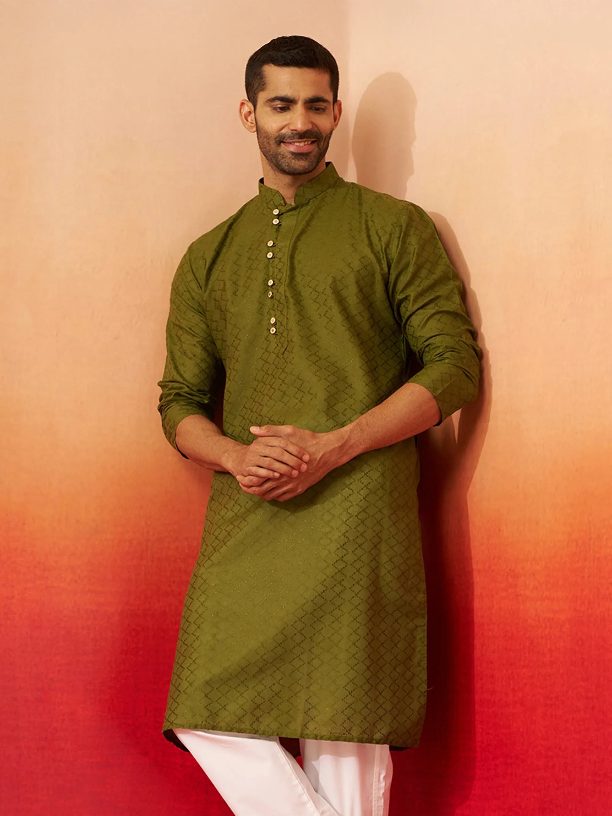 Men Mehendi Green Cotton Geometric Jacquard Kurta