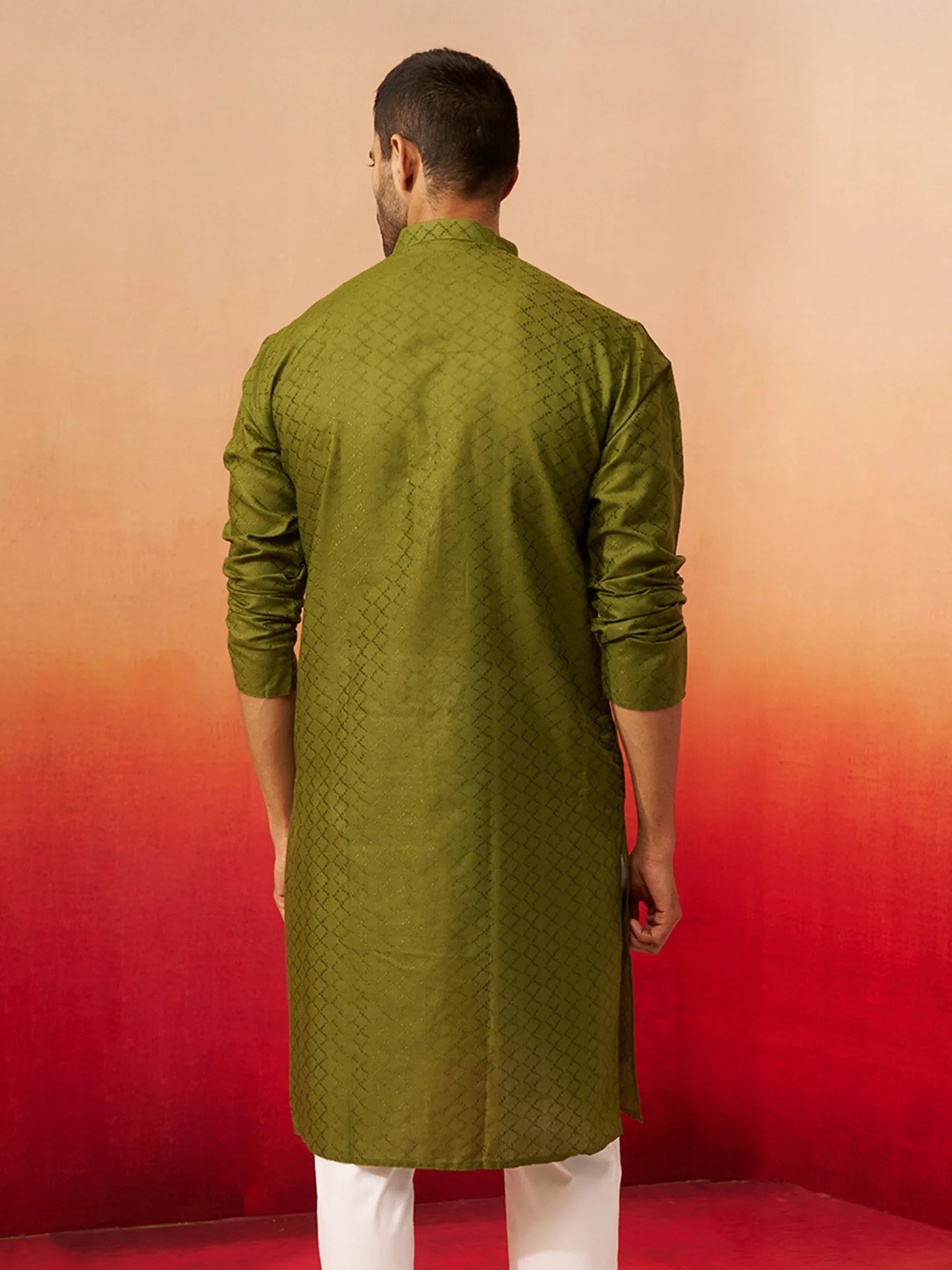 Men Mehendi Green Cotton Geometric Jacquard Kurta