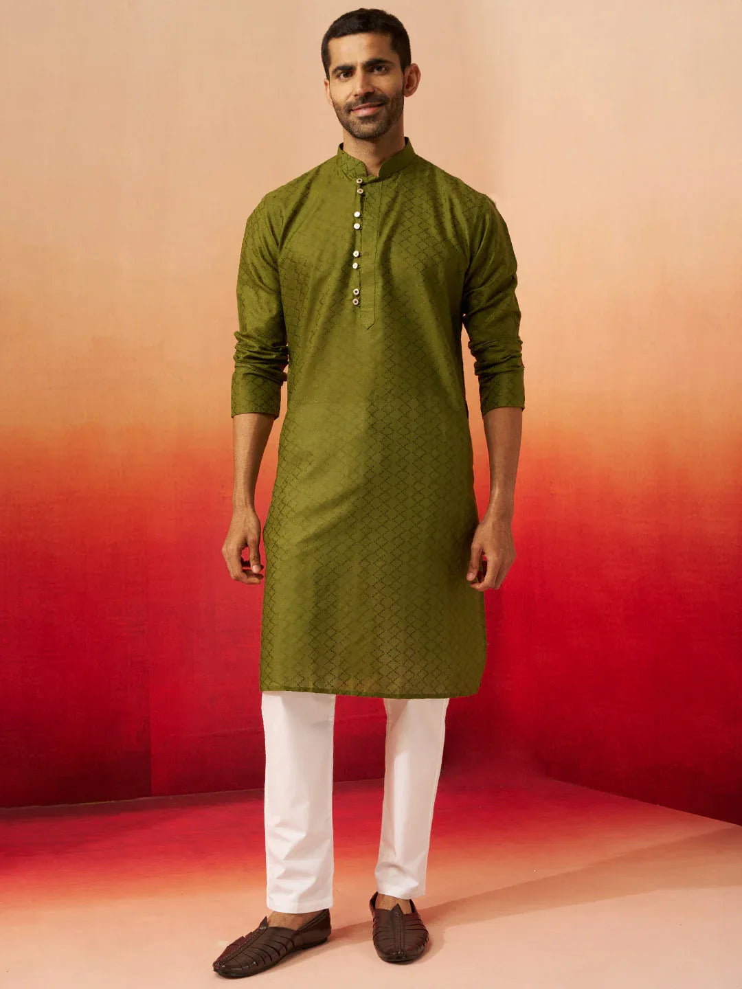 Men Mehendi Green Cotton Geometric Jacquard Kurta