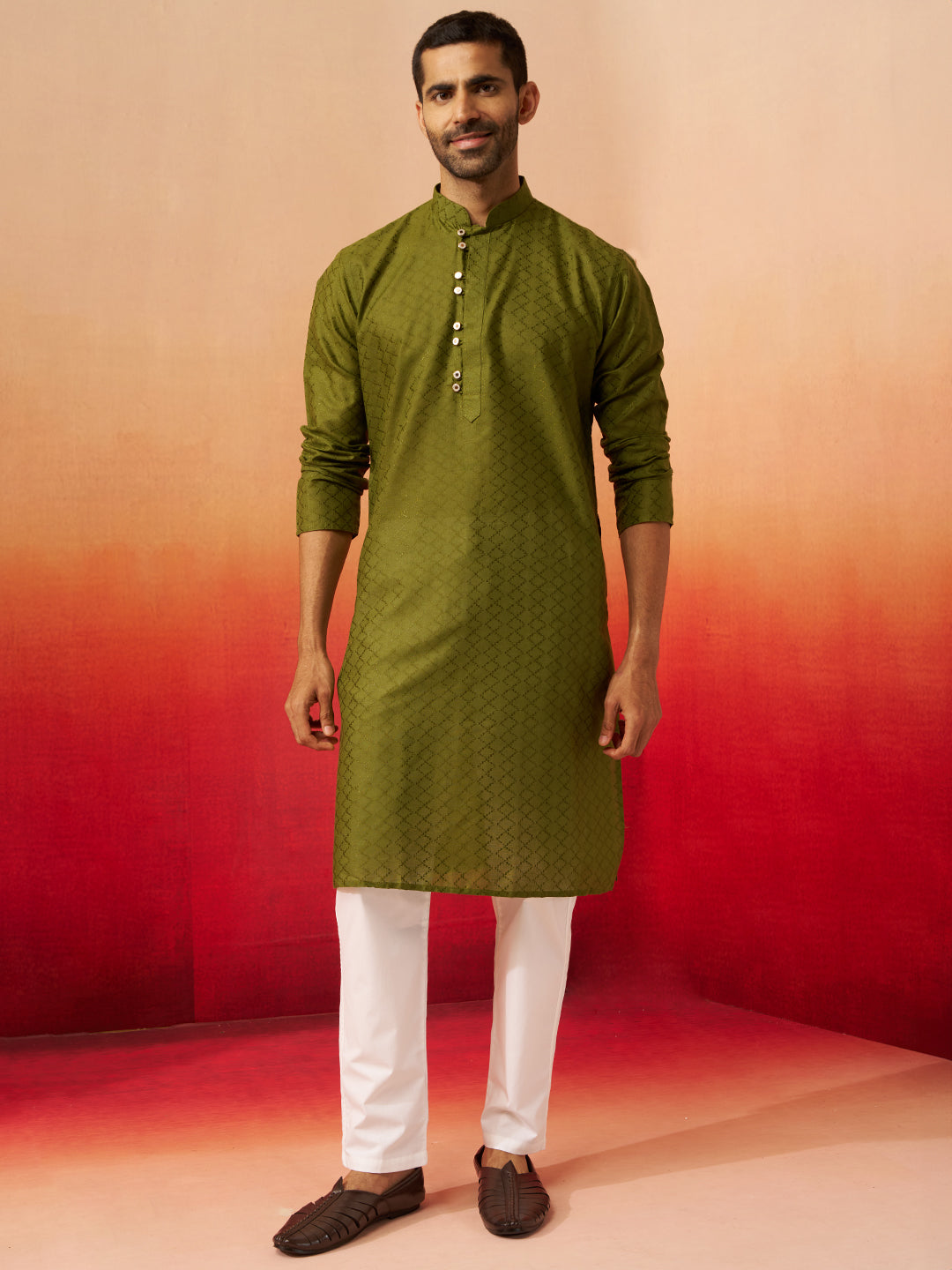 Men's Mehendi Green Jacquard Kurta with Pyjama