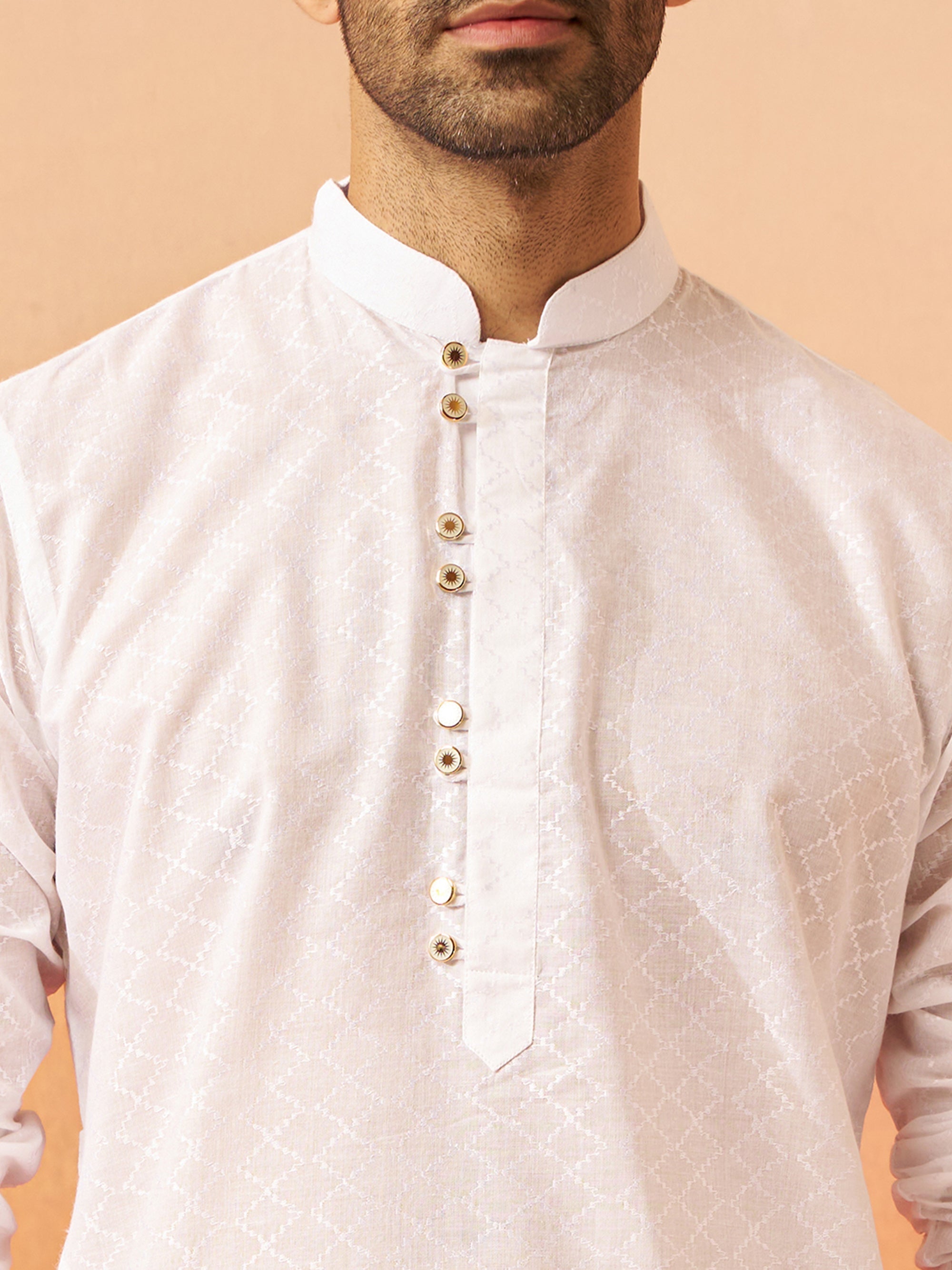 Vastramay Men White Cotton Geometric Jacquard Kurta