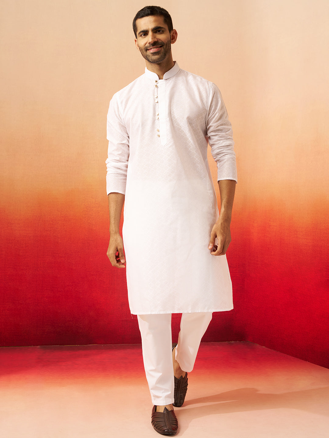 Vastramay Men White Cotton Geometric Jacquard Kurta