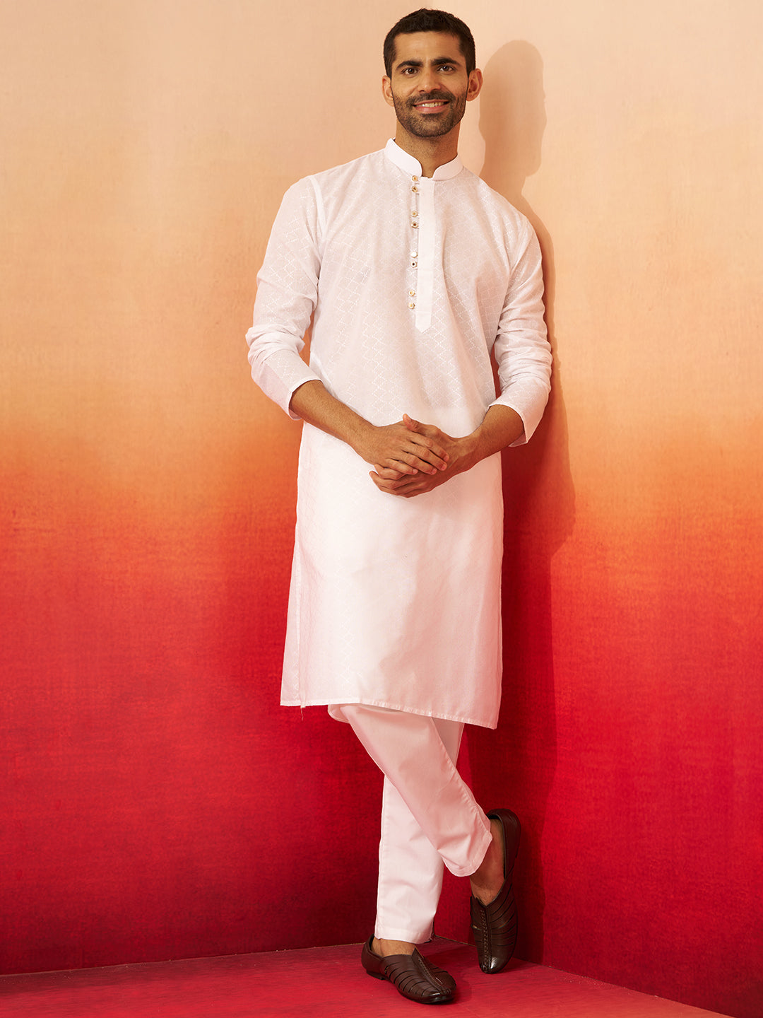 Men's White Jacquard Kurta with Pyjama