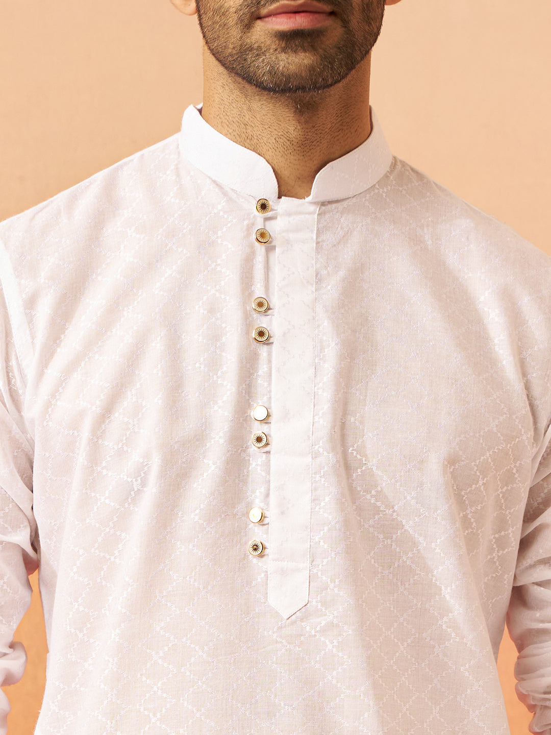 Men's White Jacquard Kurta with Pyjama