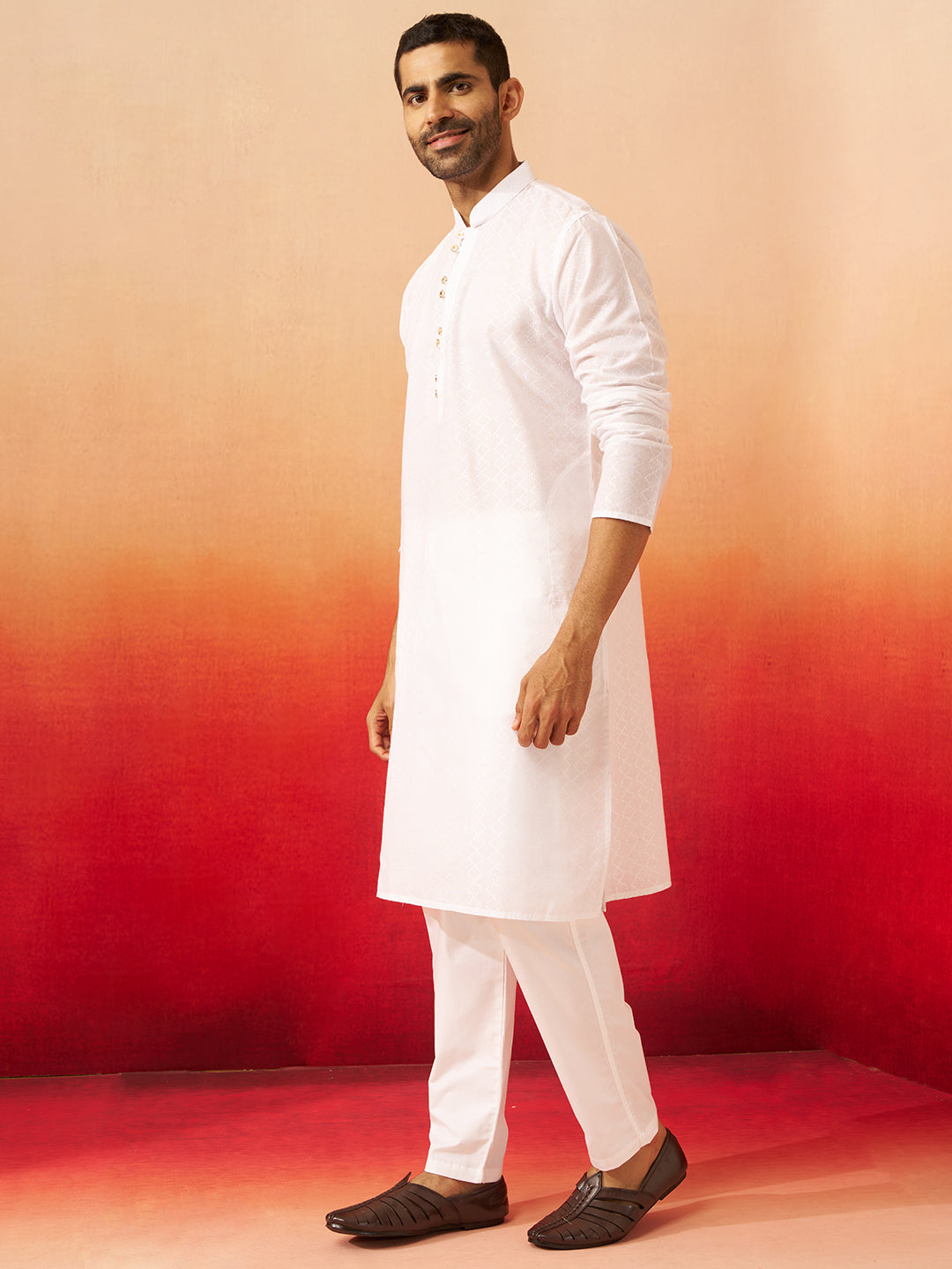 Men's White Jacquard Kurta with Pyjama