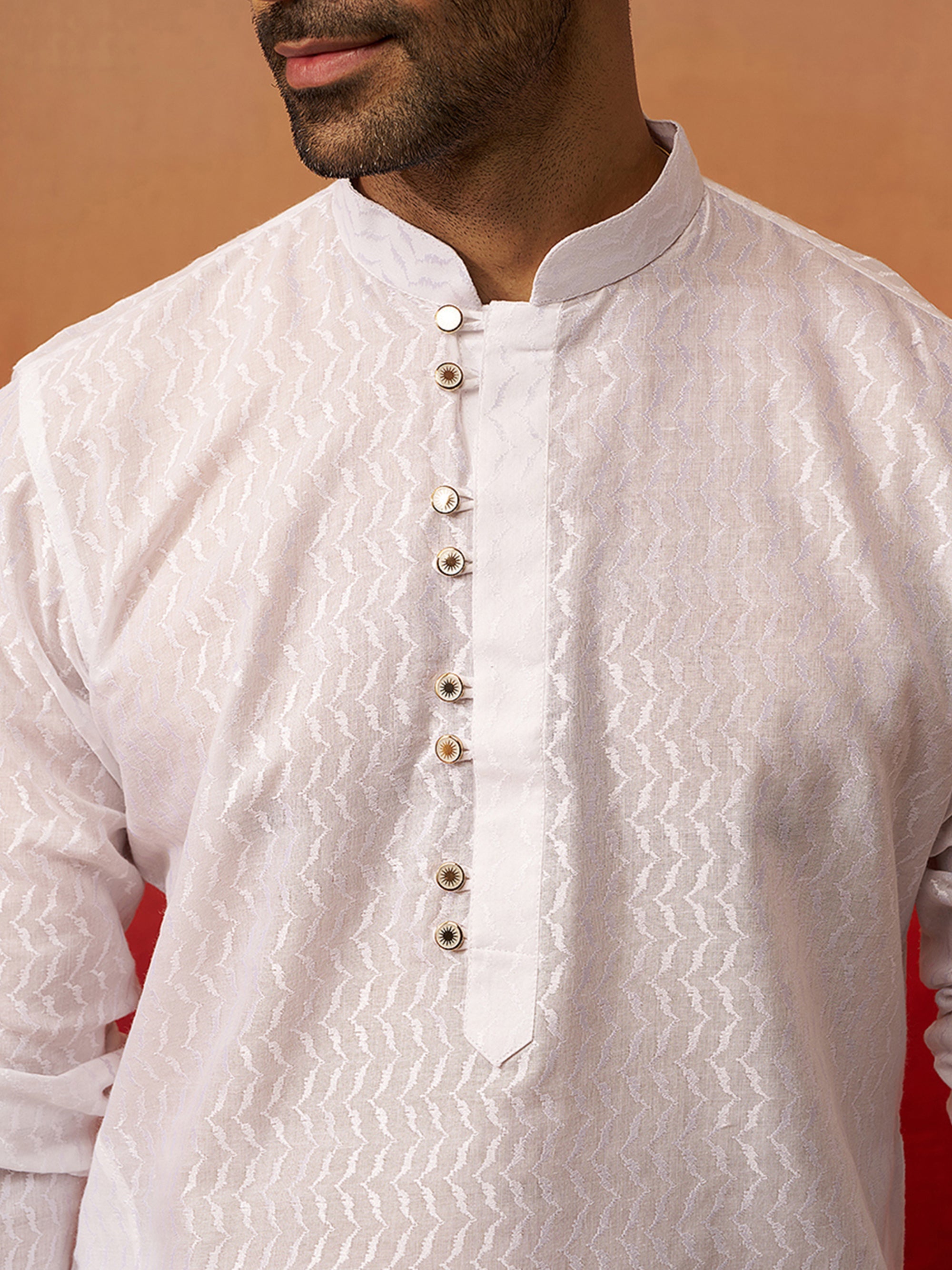 Vastramay Men White Cotton Wave Pattern Jacquard Kurta