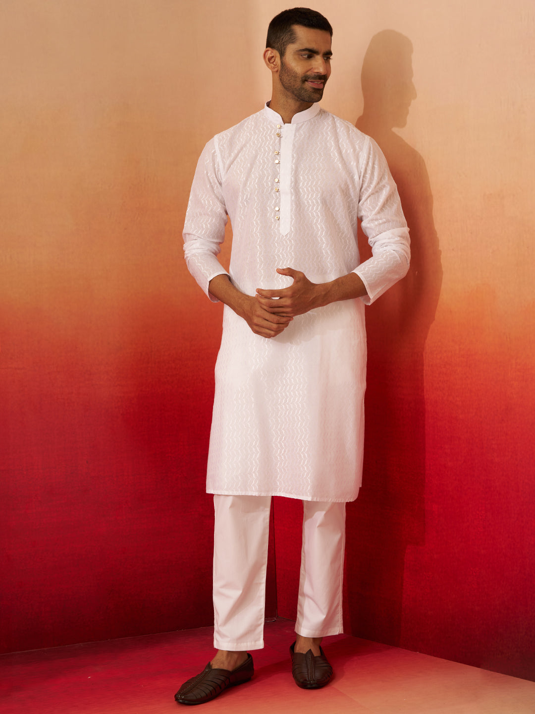 Men's White Wave Pattern Kurta with Pyjama