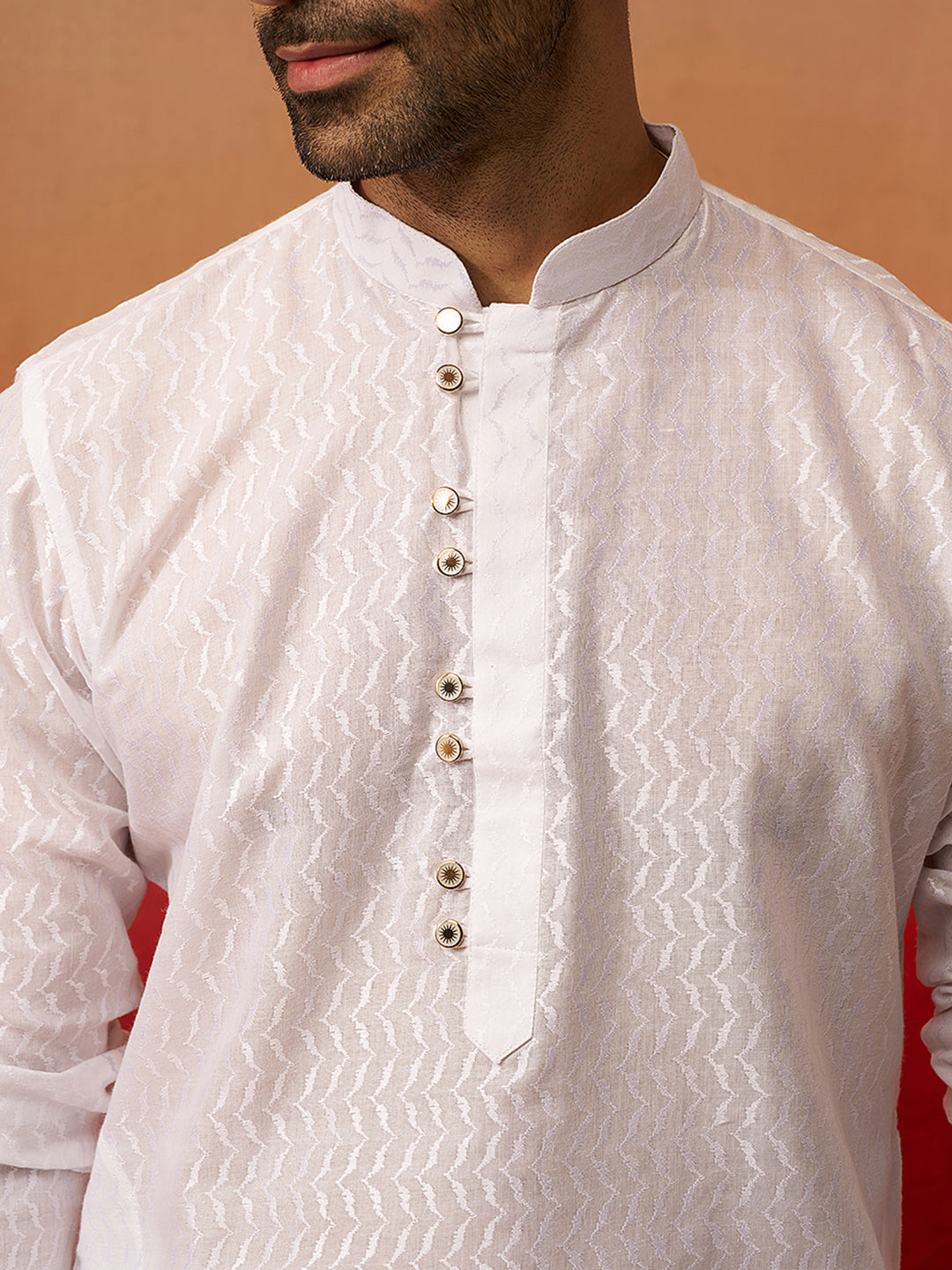 Men's White Wave Pattern Kurta with Pyjama