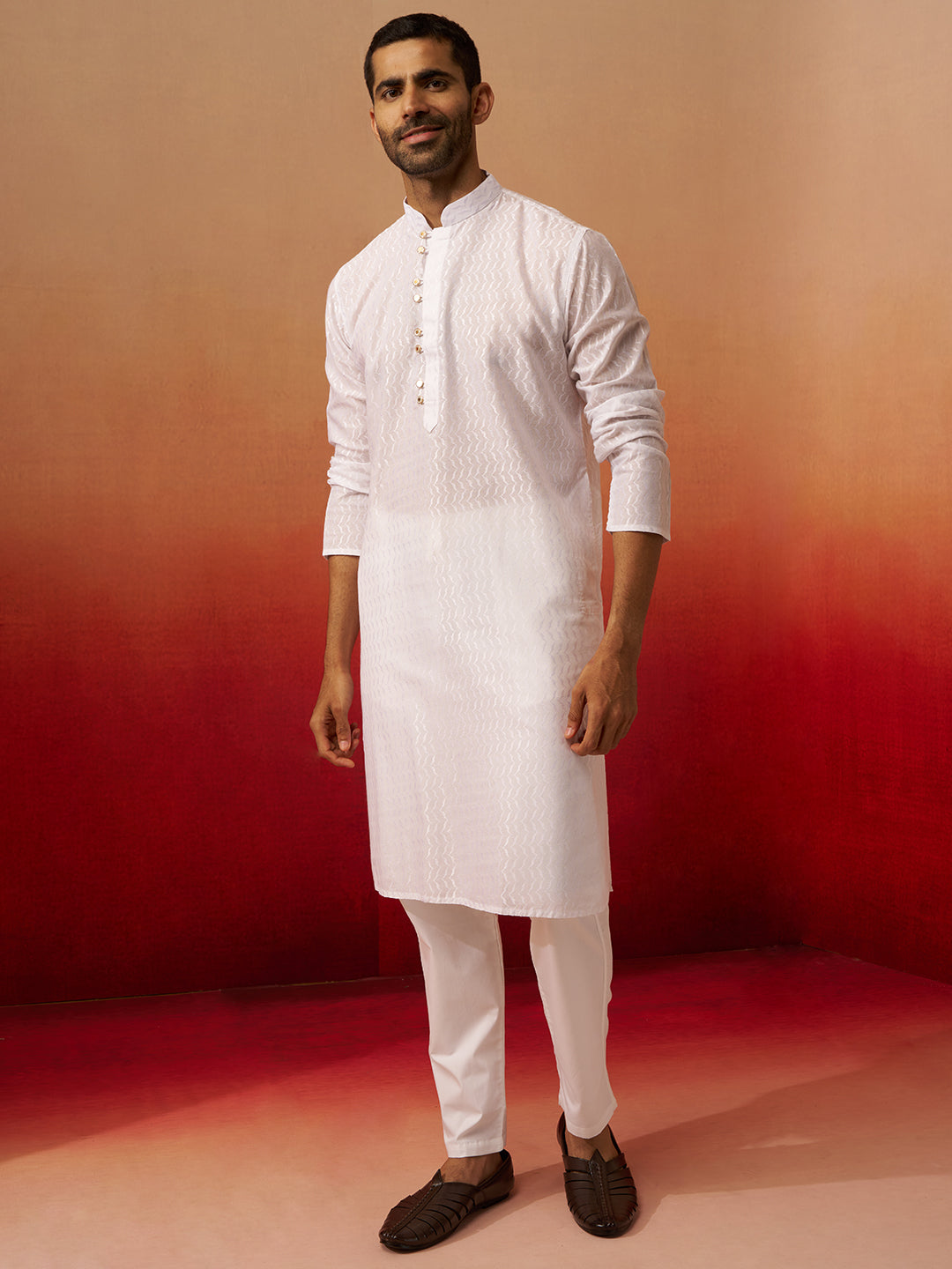 Men's White Wave Pattern Kurta with Pyjama
