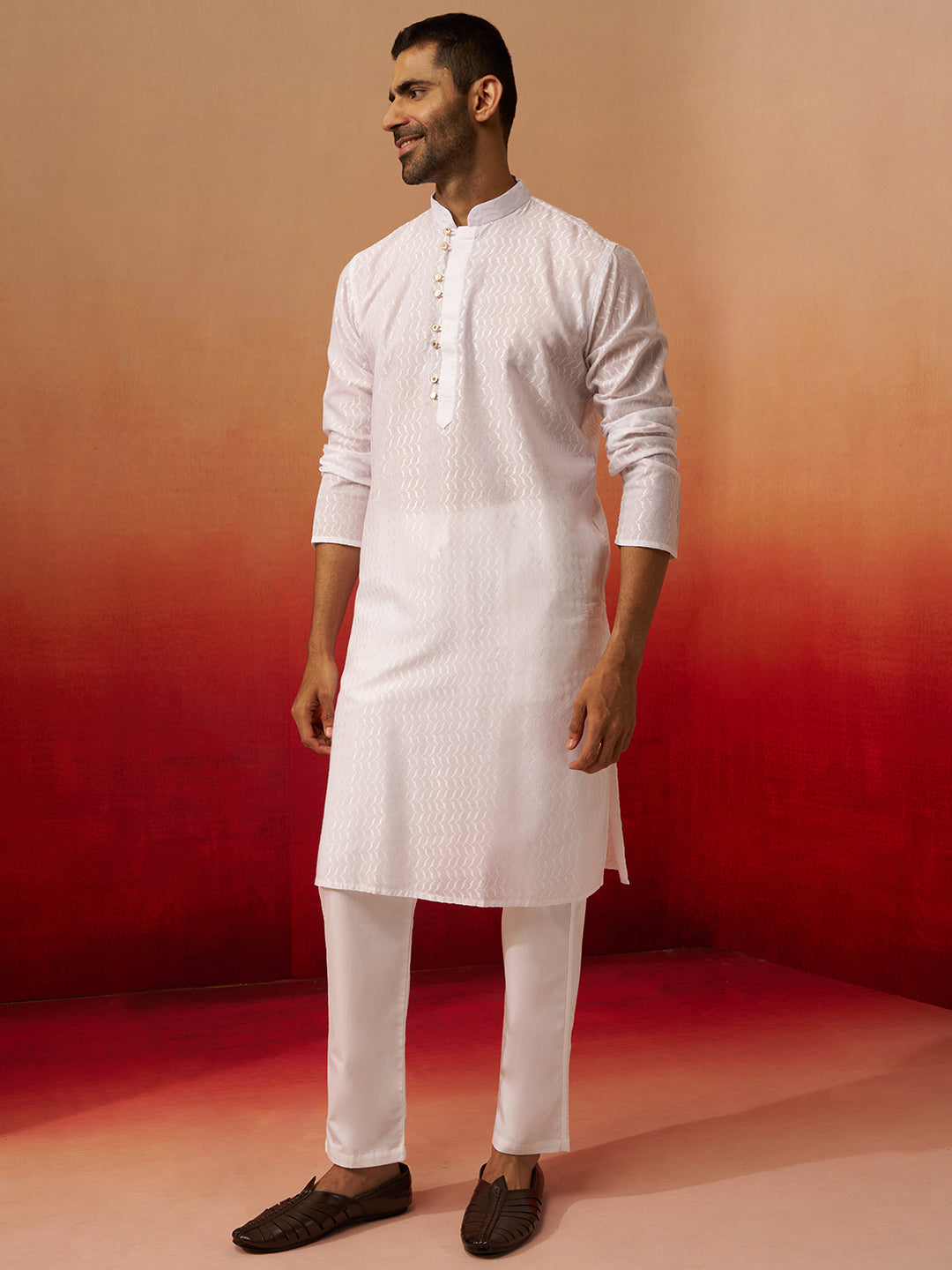 Men's White Wave Pattern Kurta with Pyjama