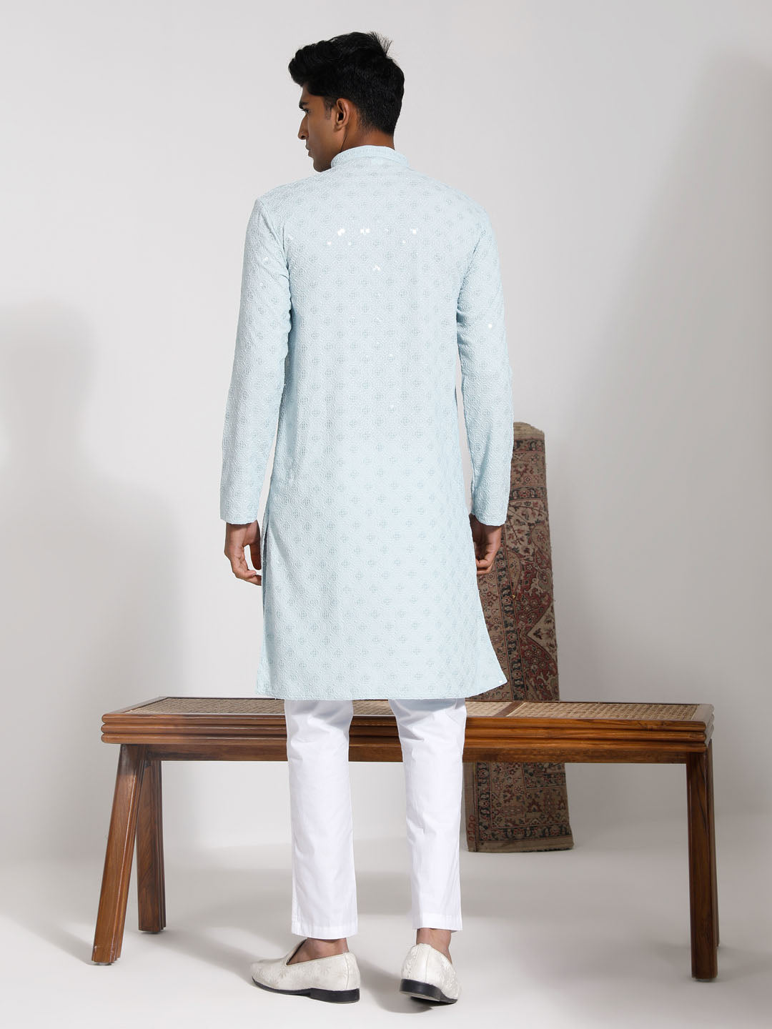 Men's Aqua And White Cotton Blend Kurta And Pyjama Set