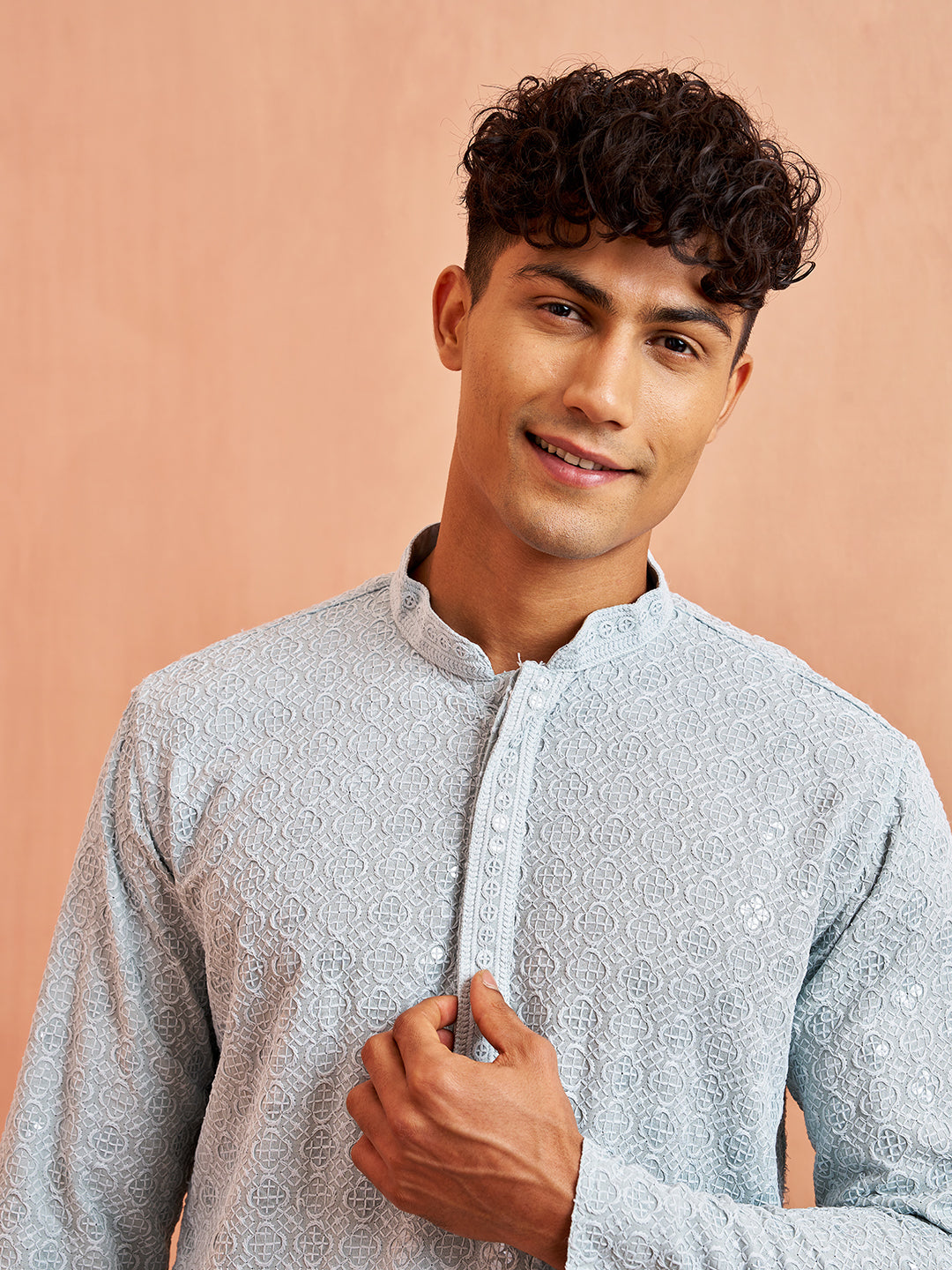 Men's Aqua Chikankari Kurta with Cream Pant Set