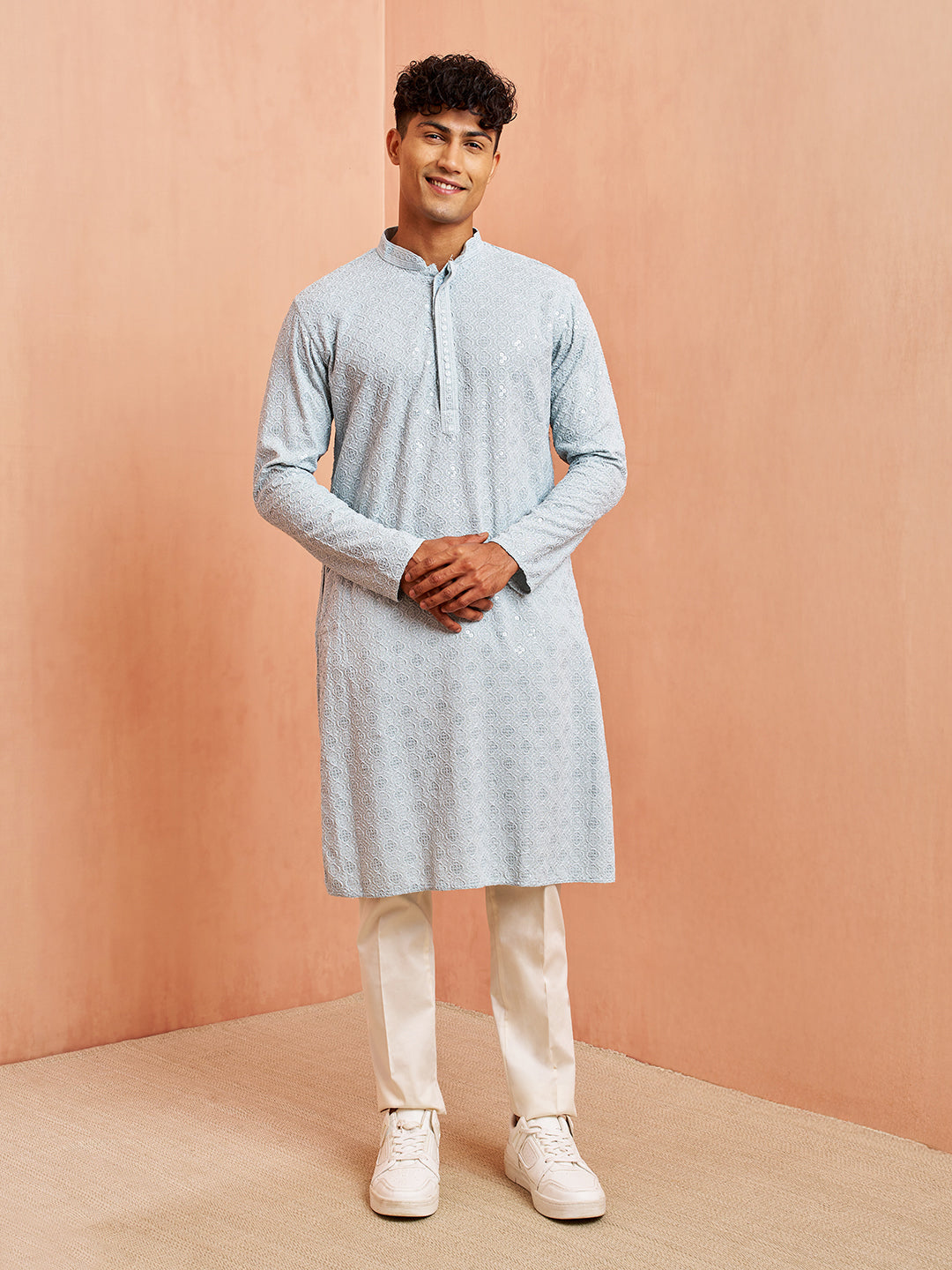 Men's Aqua Chikankari Kurta with Cream Pant Set