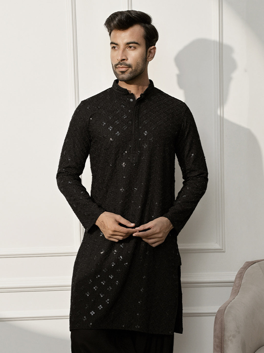 Men Black Rayon Sequin & Thread Embroidered Festive Kurta
