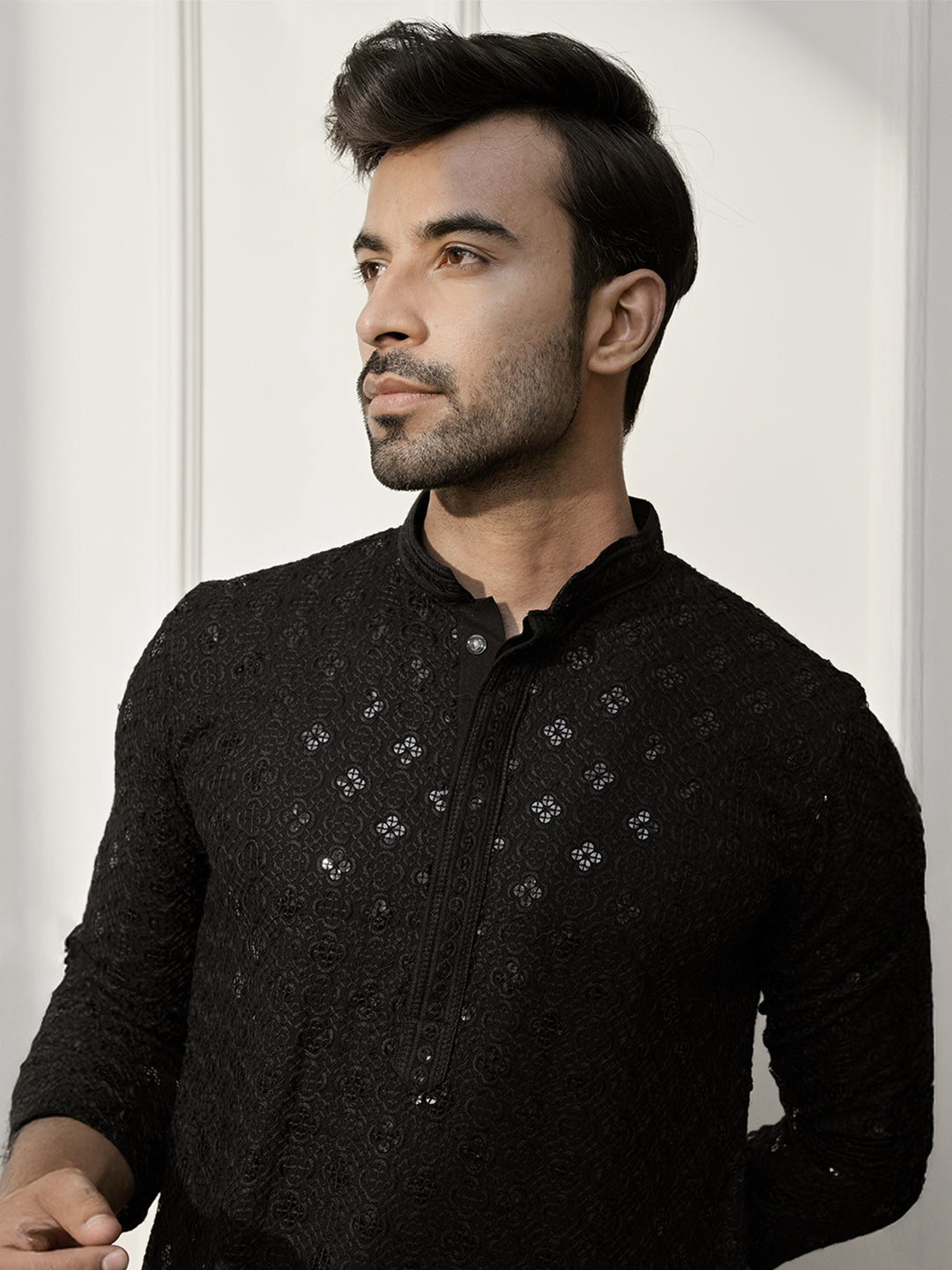 Men Black Rayon Sequin & Thread Embroidered Festive Kurta