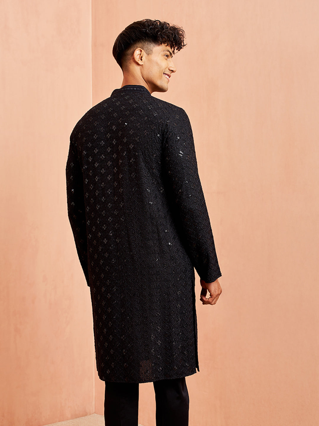 Men Black Rayon Sequin & Thread Embroidered Festive Kurta