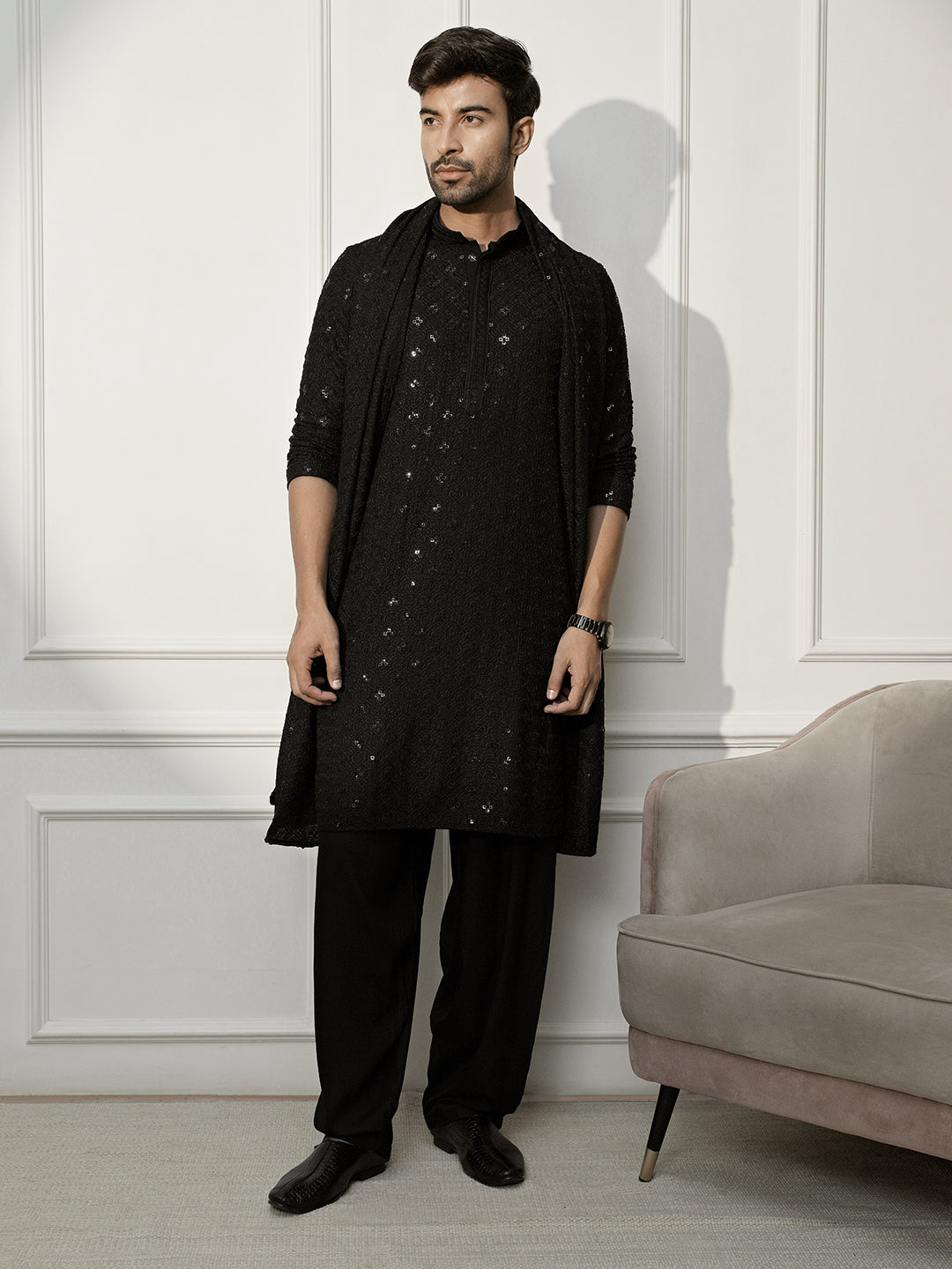 Men Black Embroidered Kurta With Pyjama & Dupatta