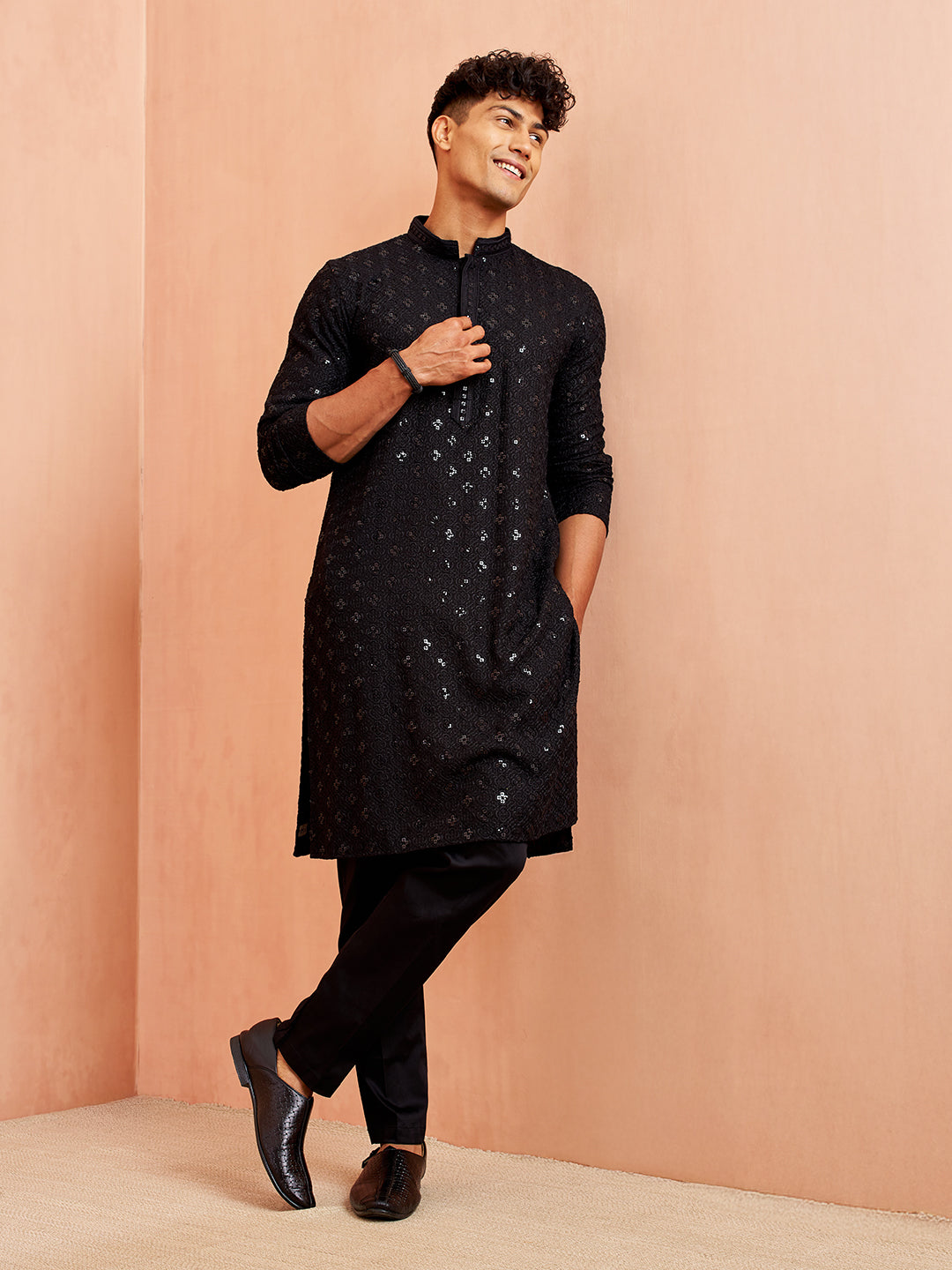 Men's Black Chikankari Embroidered Kurta With White Palazzo Set