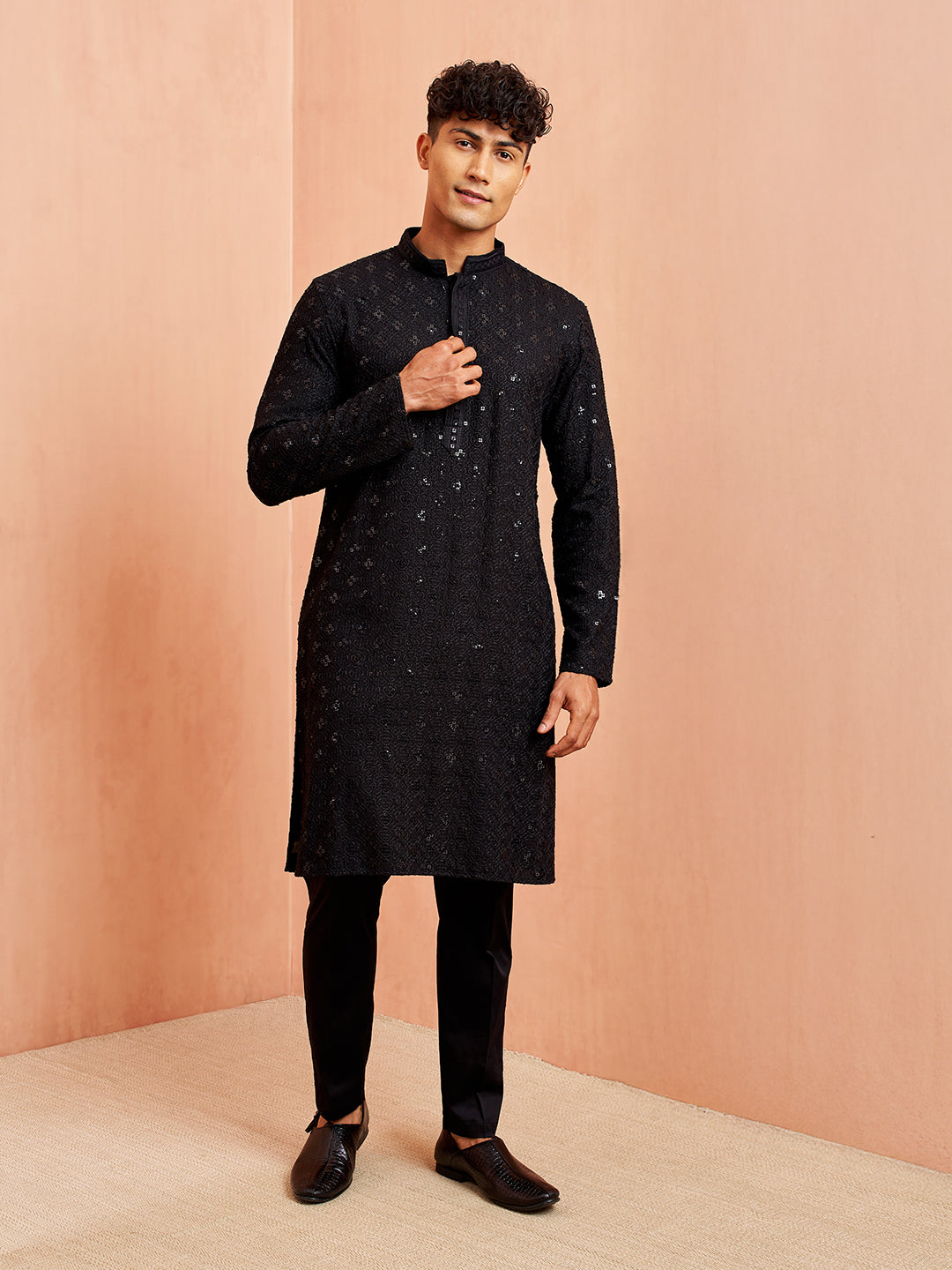 Men's Black Chikankari Embroidered Kurta With White Palazzo Set