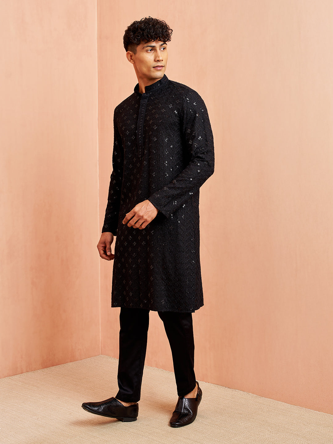 Men's Black Chikankari Embroidered Kurta With White Palazzo Set