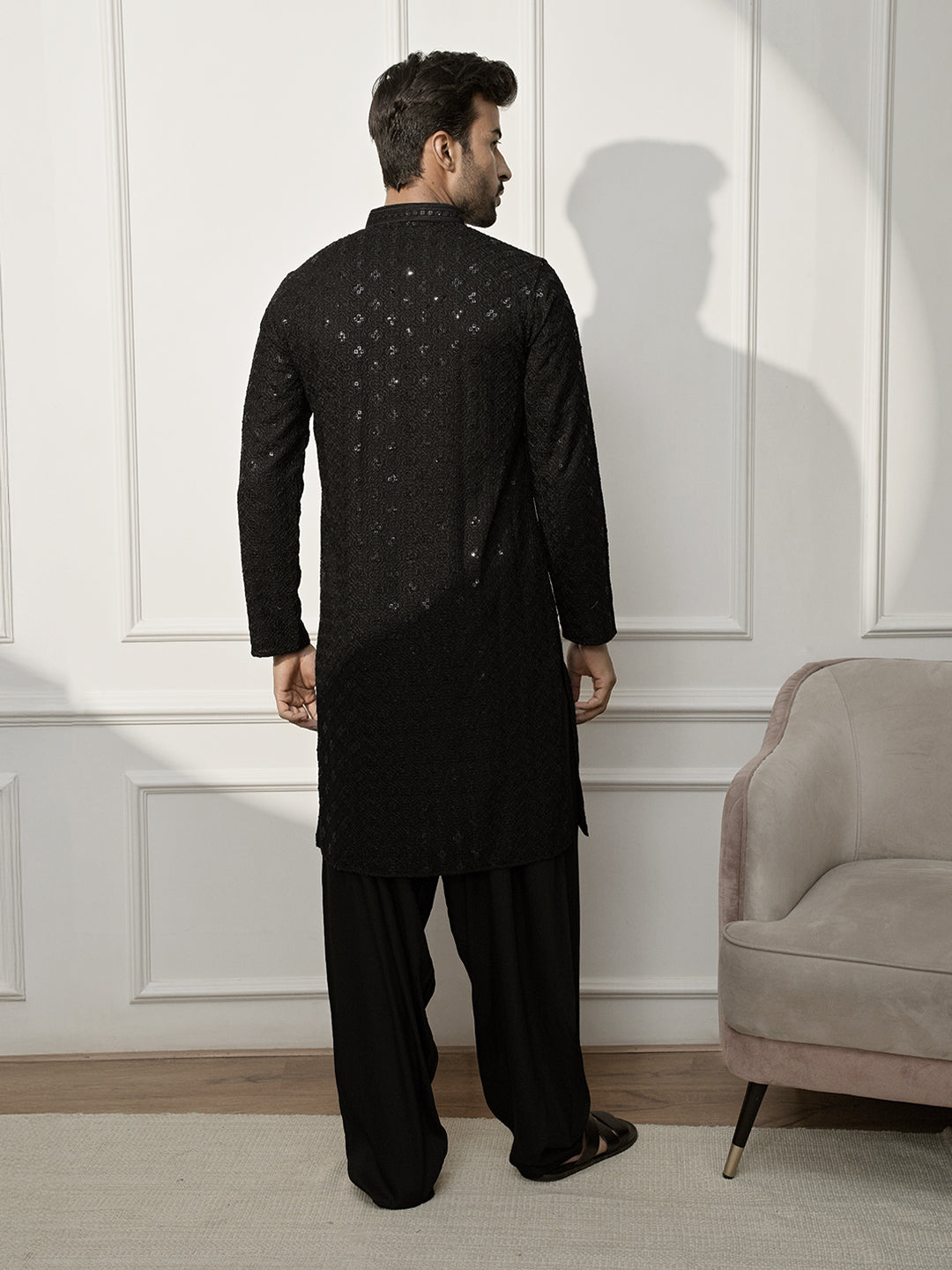 Men's Complete Black Chikankari Embroidered Kurta & Patiala