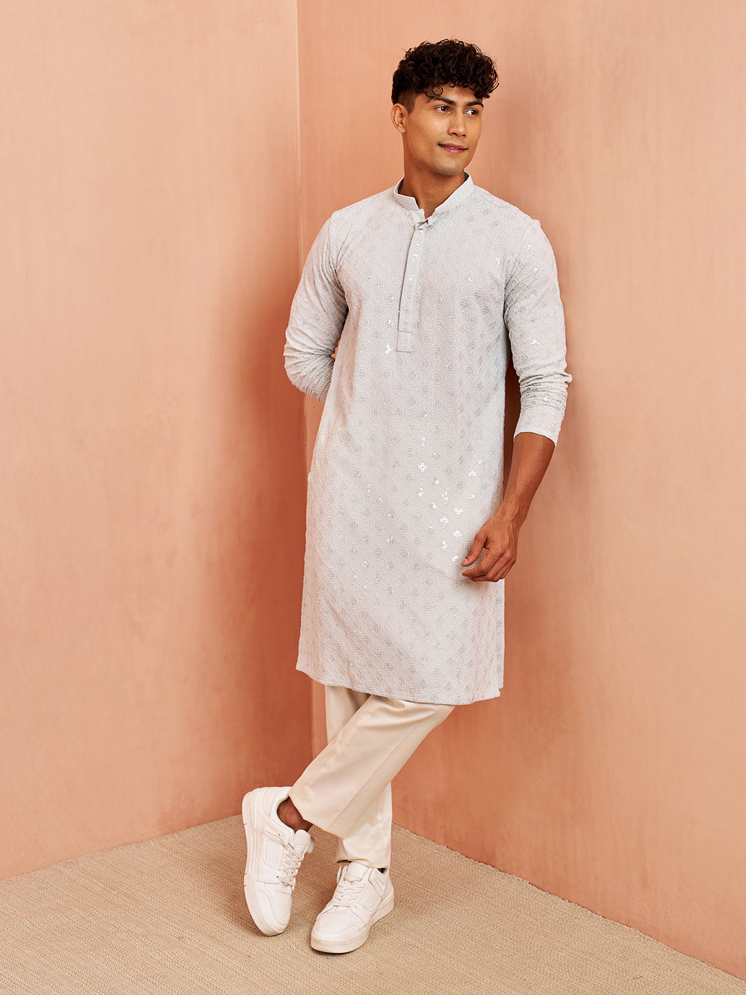 Men's Grey Chikankari Kurta with Cream Pant Set