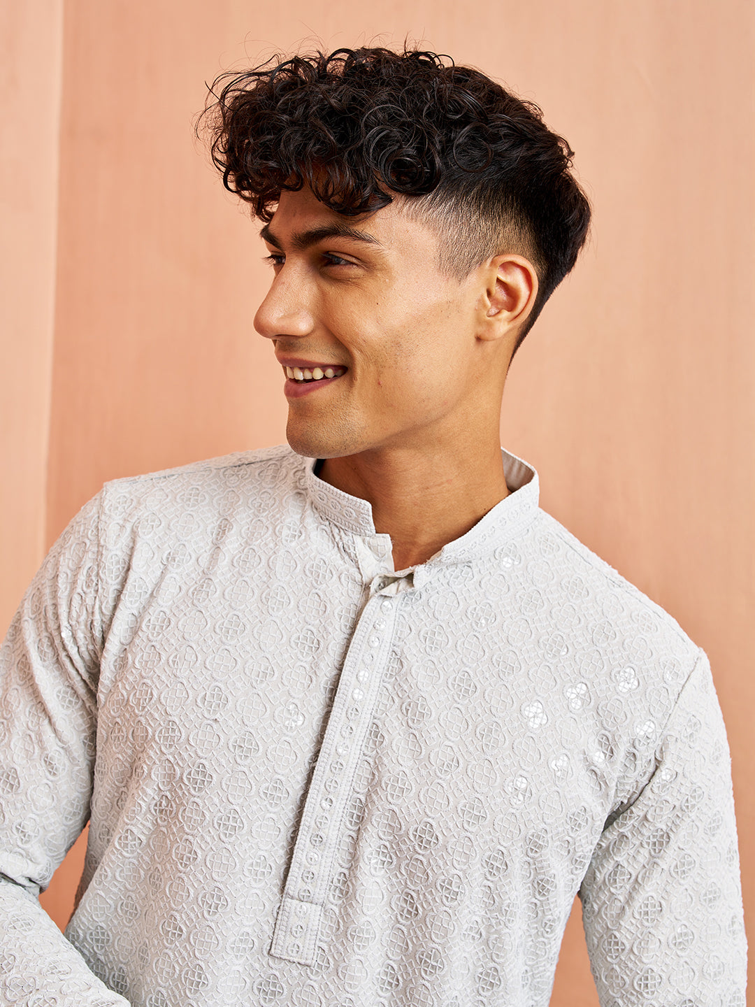 Men's Grey Chikankari Kurta with Cream Pant Set