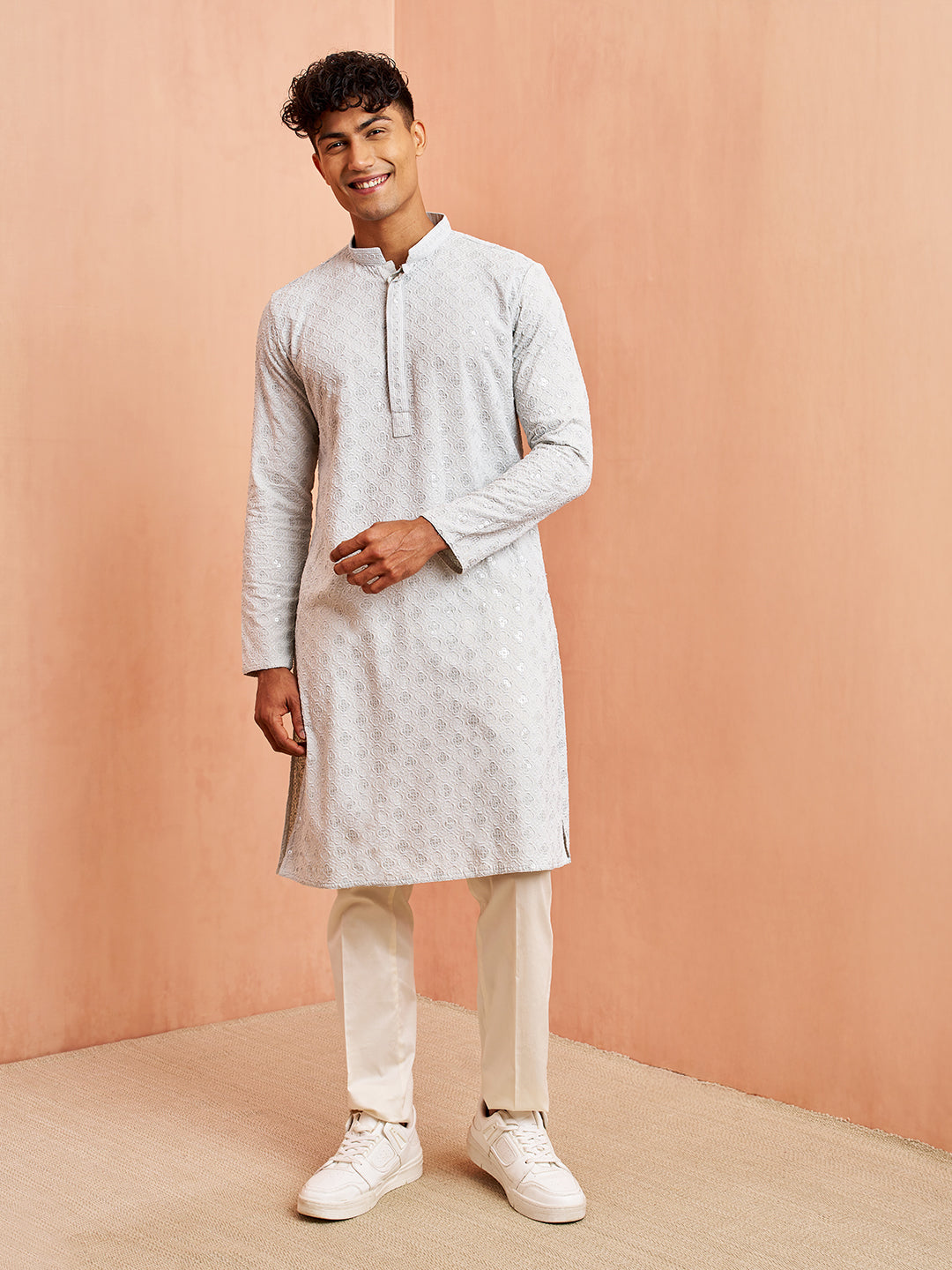 Men's Grey Chikankari Kurta with Cream Pant Set