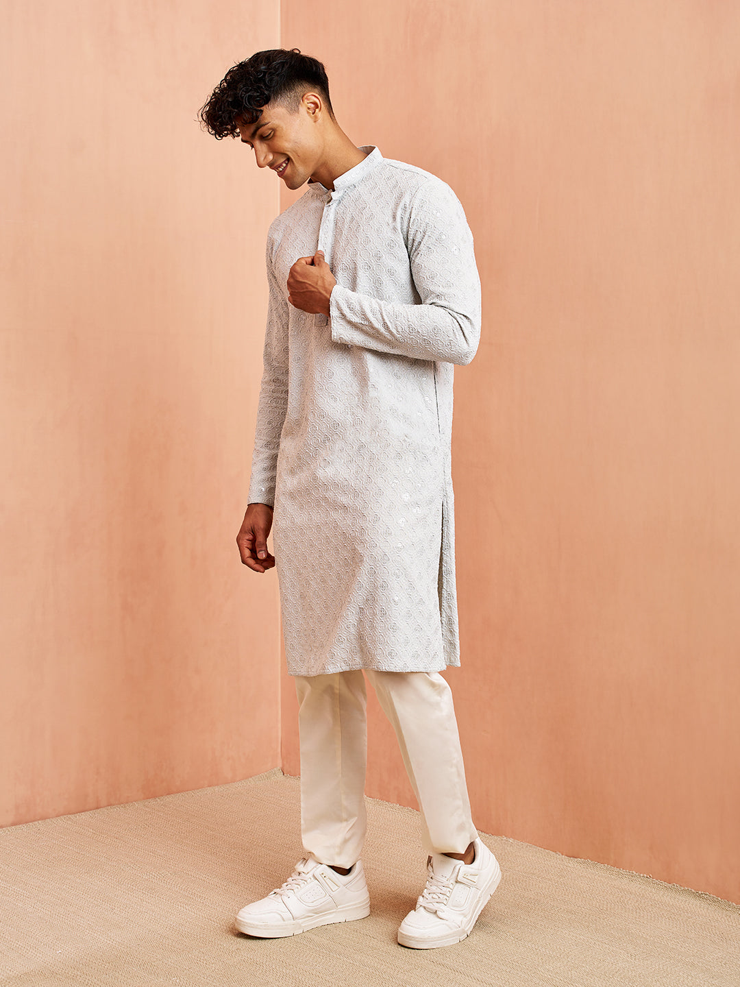 Men's Grey Chikankari Kurta with Cream Pant Set