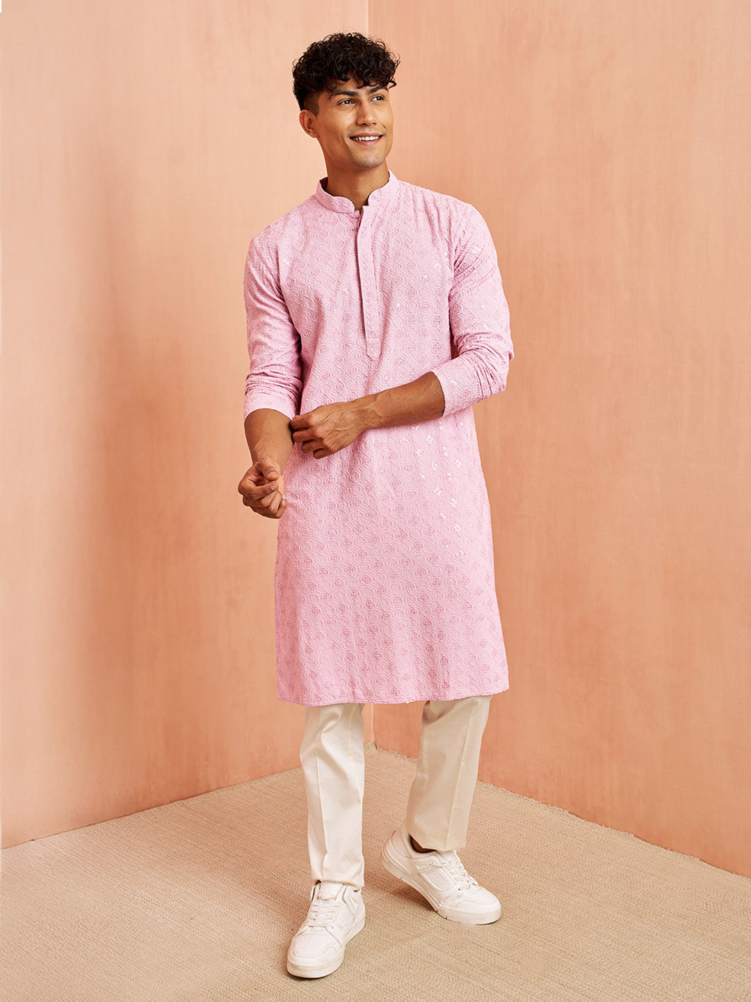 Men's Onion Chikankari Kurta with Cream Pant Set