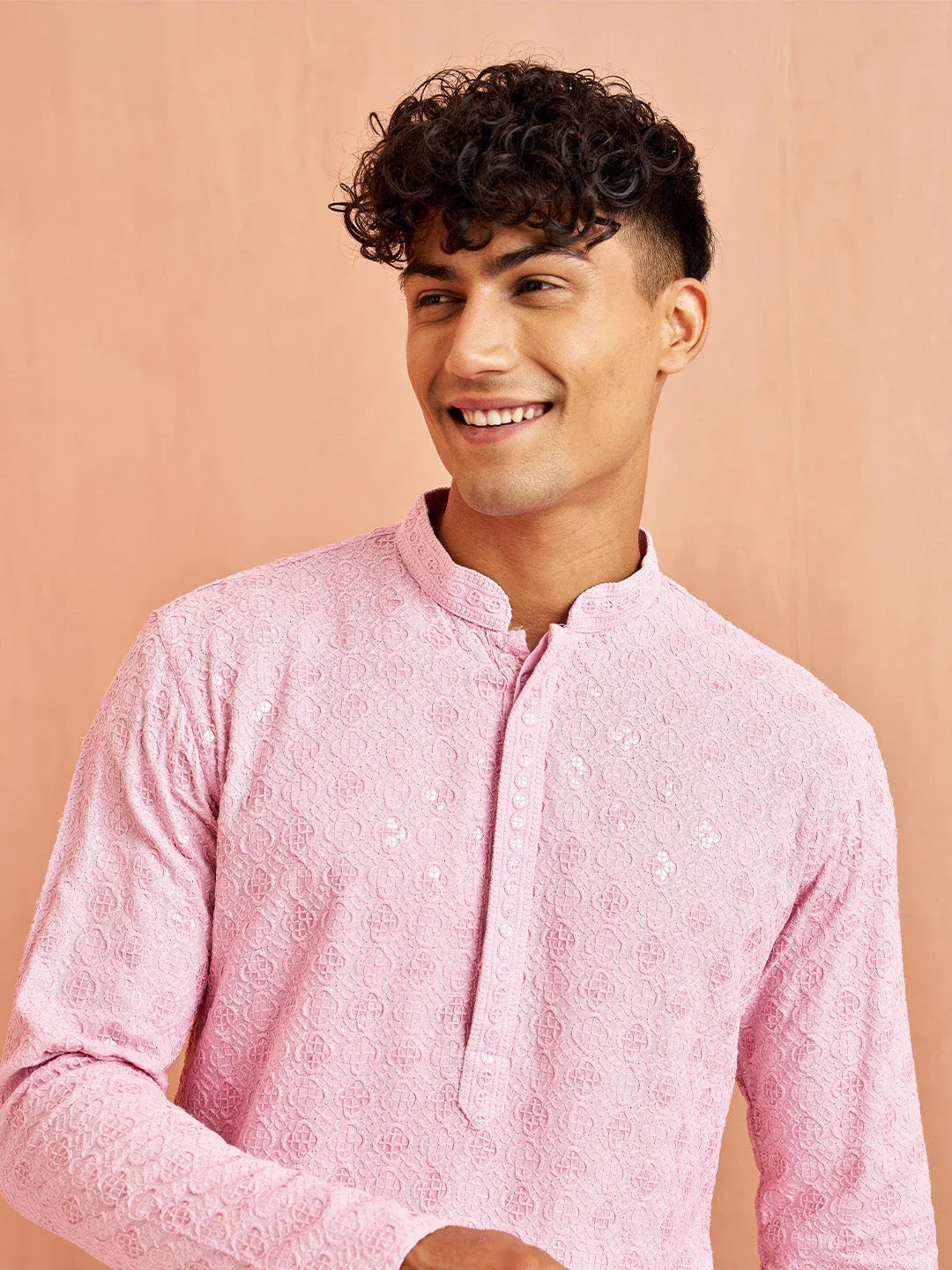Men's Onion Chikankari Kurta with Cream Pant Set